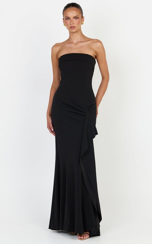 Leda Maxi Dress - Strapless Waterfall Sash Dress in Black