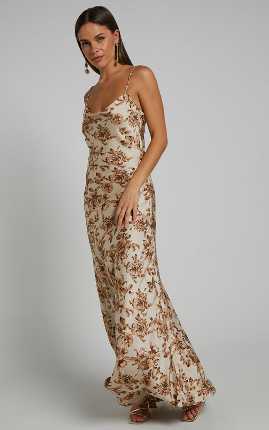 Legrace Midi Dress - Cowl Neck Slip Dress in Golden Floral