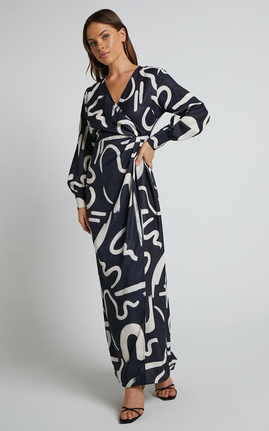 Leighton Midi Dress - Long Sleeve Wrap Abstract Dress in Black