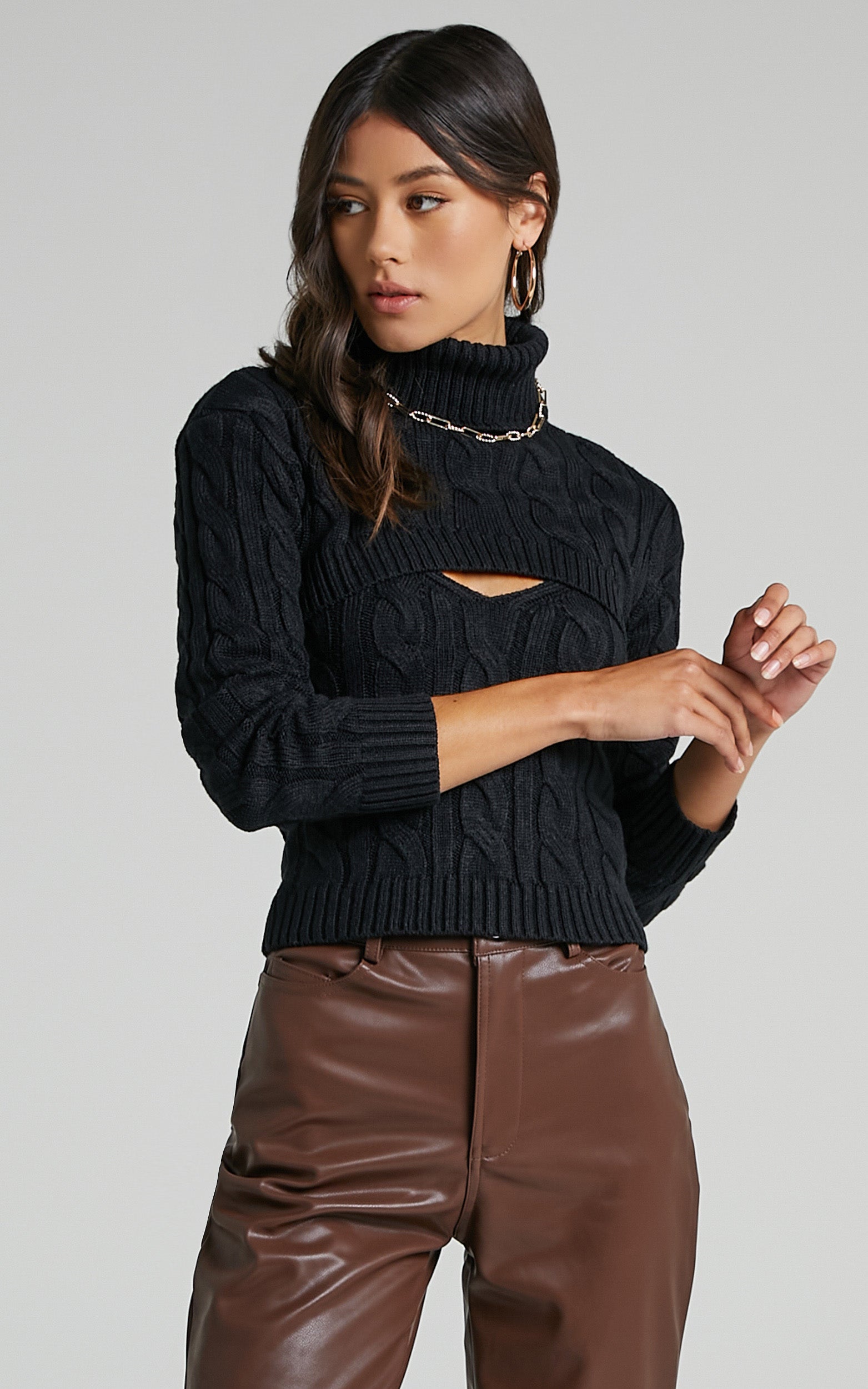 Leillia Top - Cutout Cable Knit Top in Black
