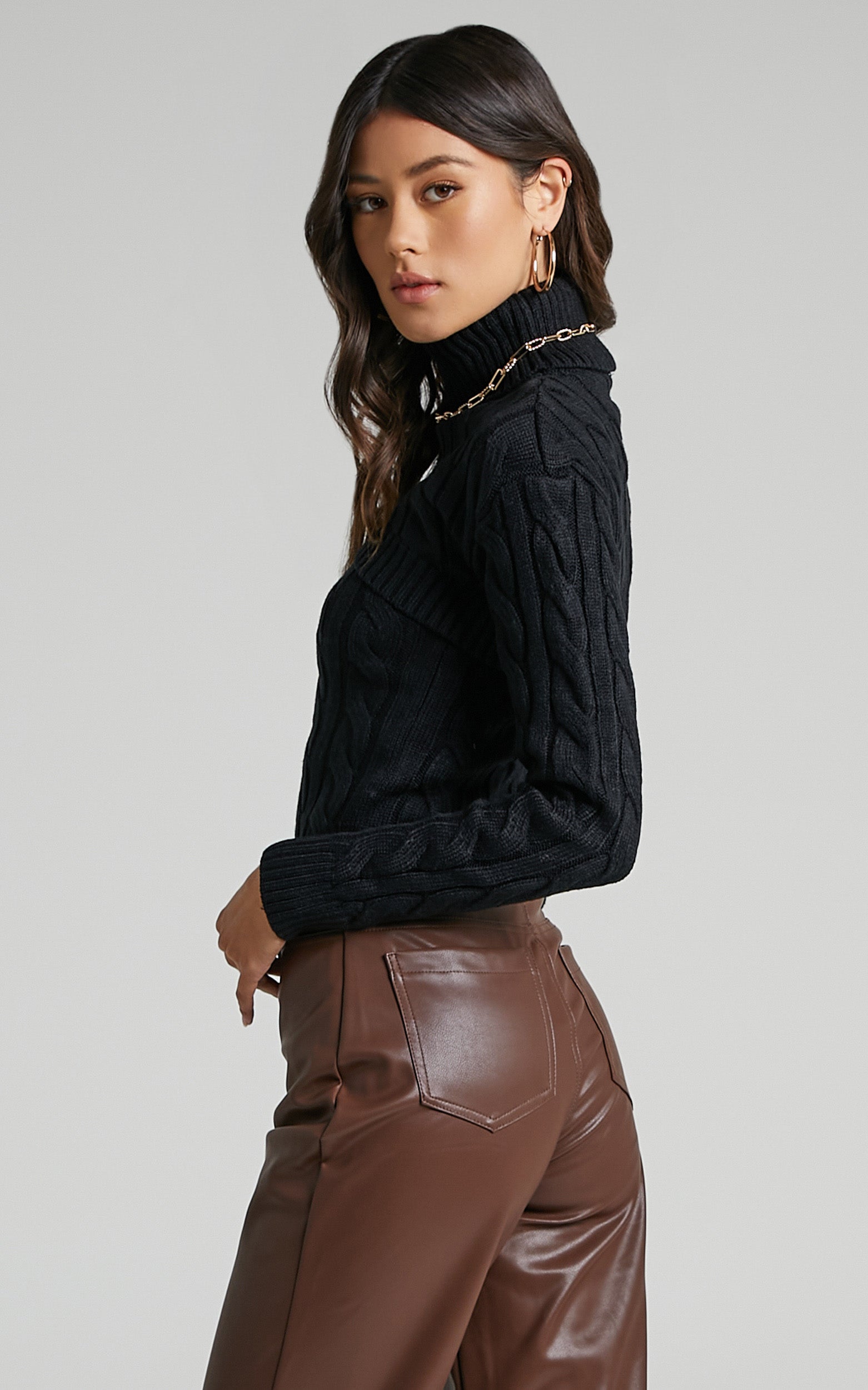 Leillia Top - Cutout Cable Knit Top in Black