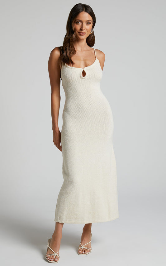 Leira Midi Dress - Keyhole Detail Low Back Knit Dress in Natural