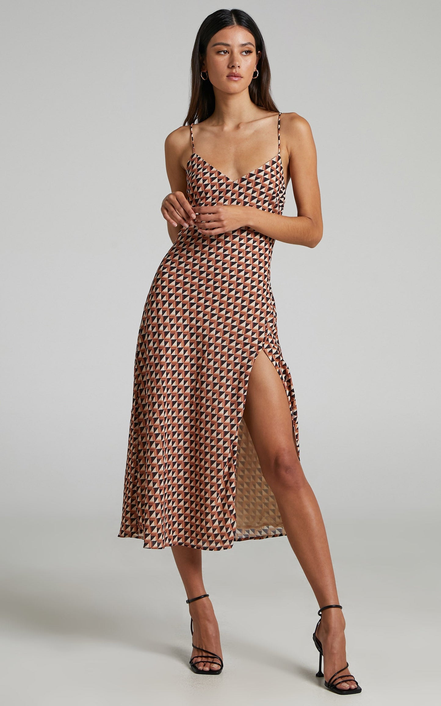 Leivi Midi Dress - Thigh Split Slip Dress in Mod Geo