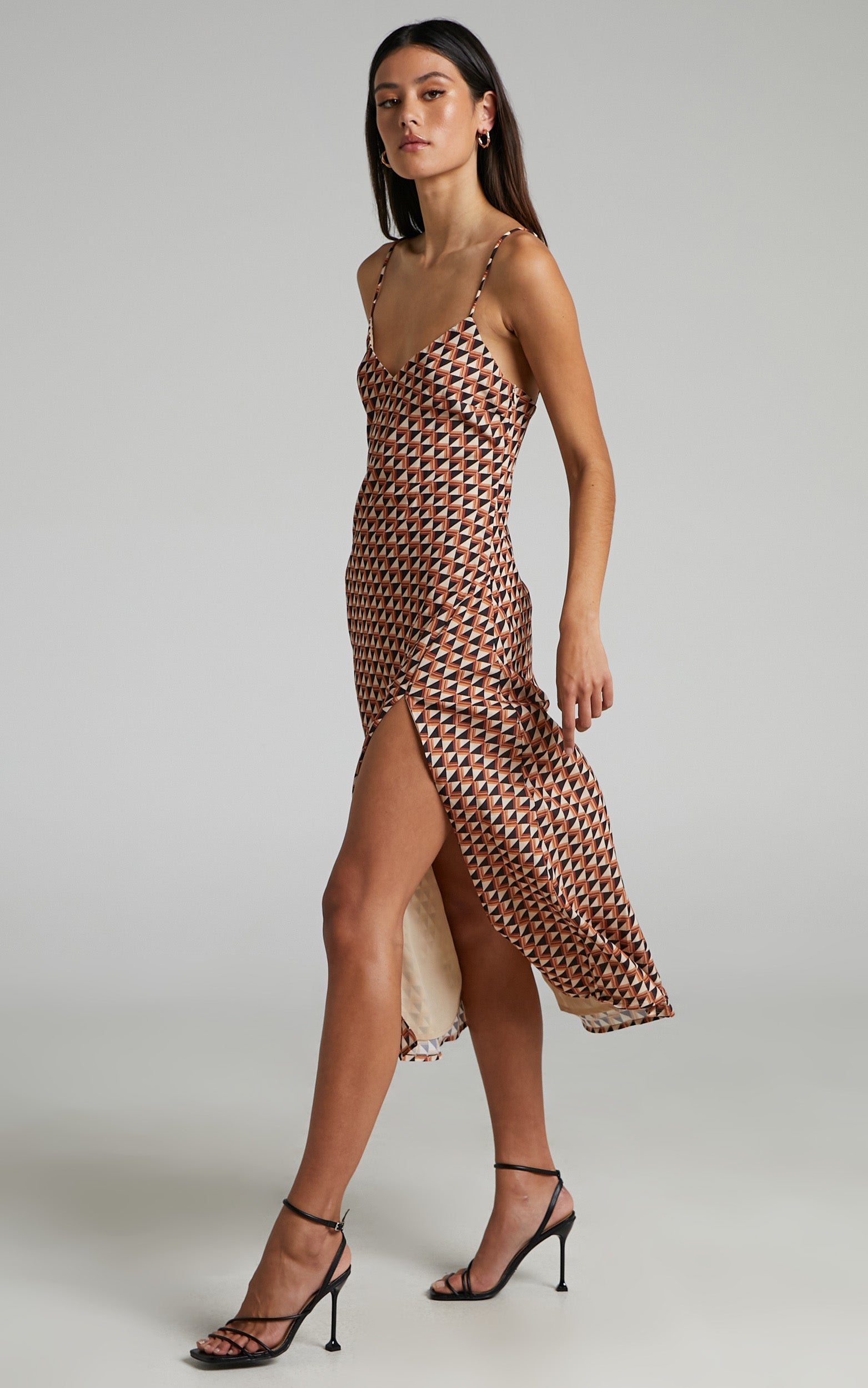 Leivi Midi Dress - Thigh Split Slip Dress in Mod Geo