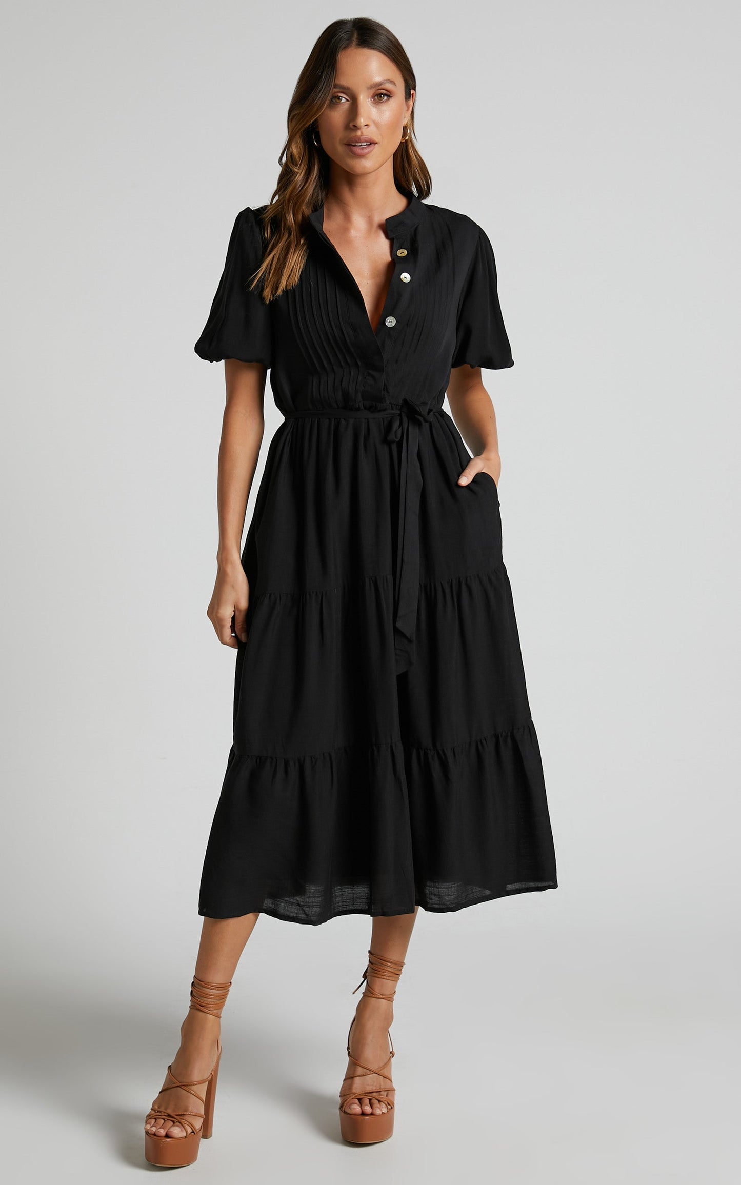 Lenessia Midi Dress - Puff Sleeve Collared Smock Dress in Black