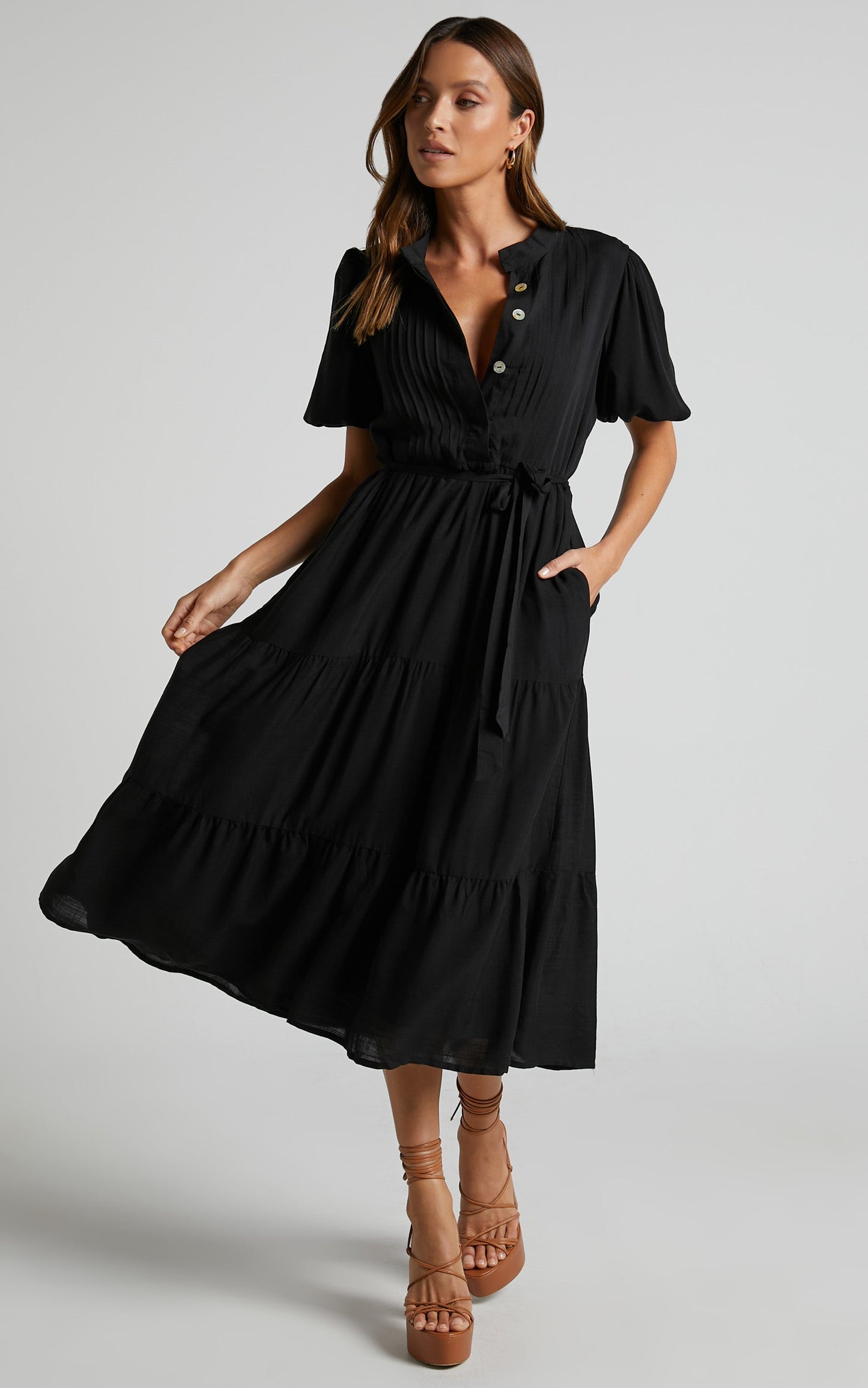 Lenessia Midi Dress - Puff Sleeve Collared Smock Dress in Black