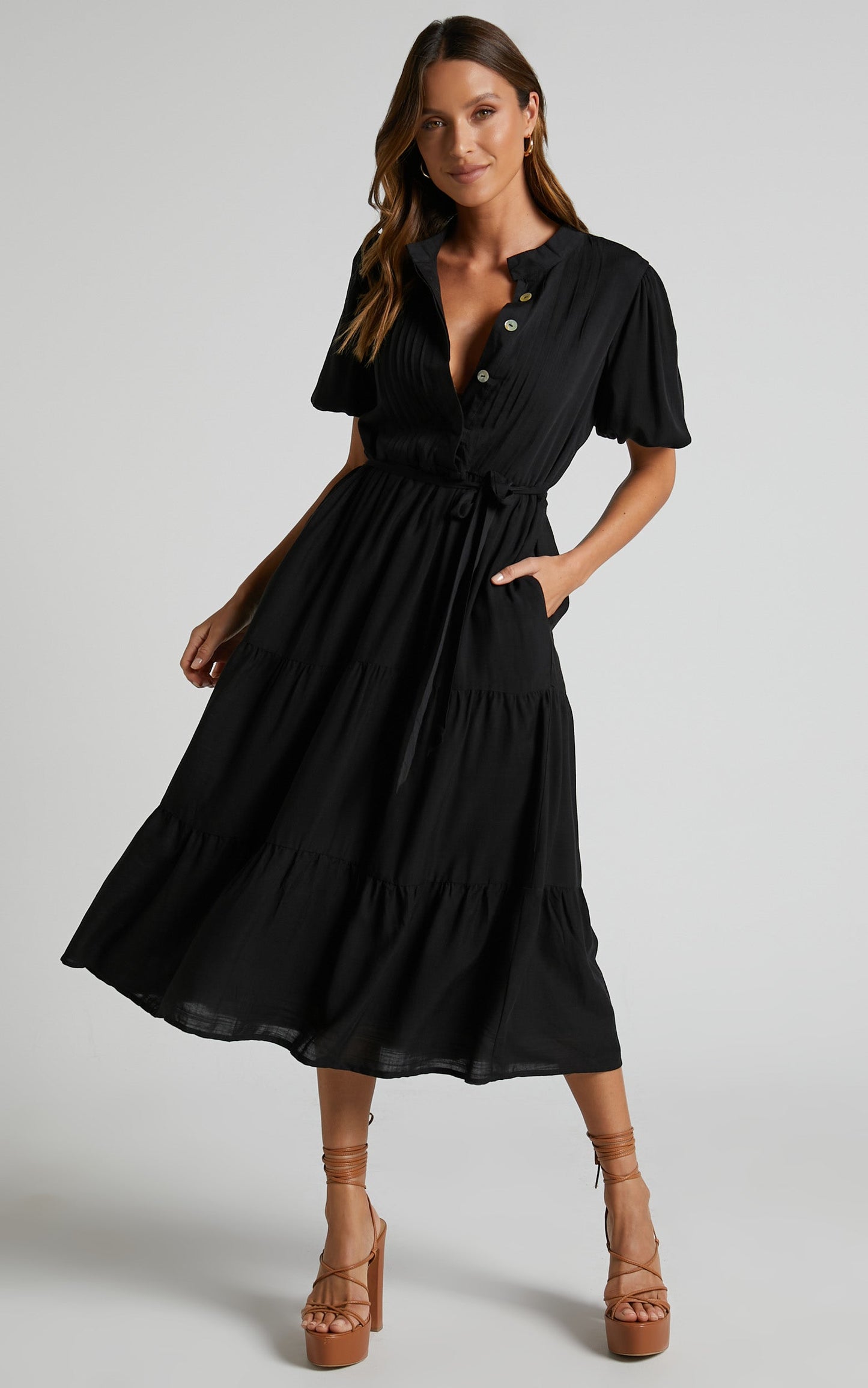 Lenessia Midi Dress - Puff Sleeve Collared Smock Dress in Black