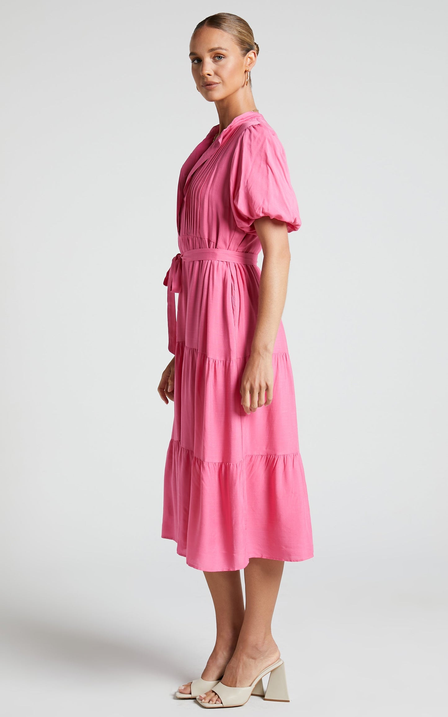 Lenessia Midi Dress - Puff Sleeve Collared Smock Dress in Hot Pink