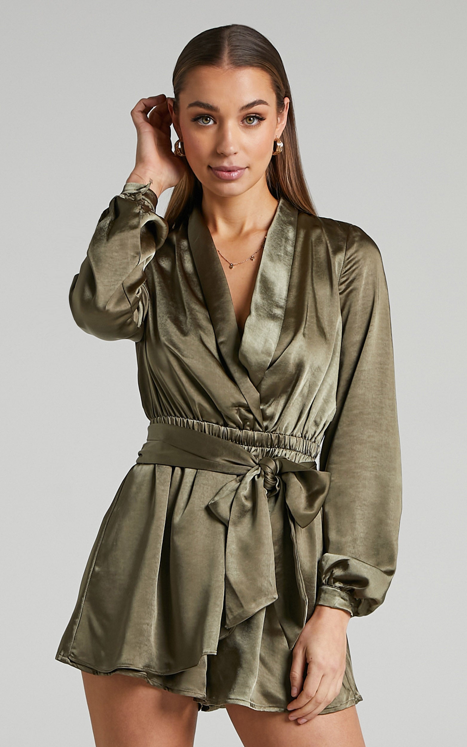 Leo Long Sleeve Wrap Neckline Playsuit in Olive Satin