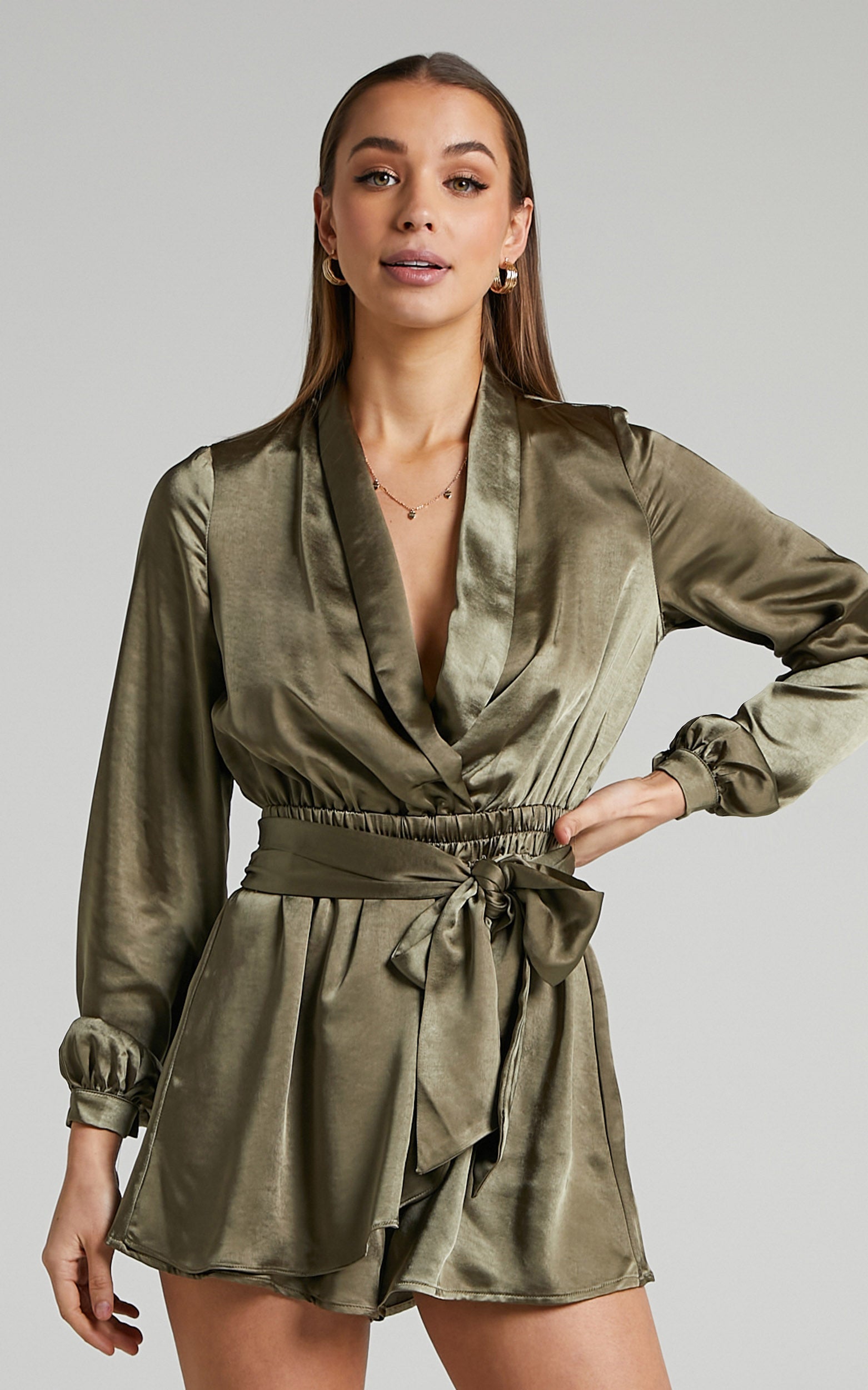 Leo Long Sleeve Wrap Neckline Playsuit in Olive Satin