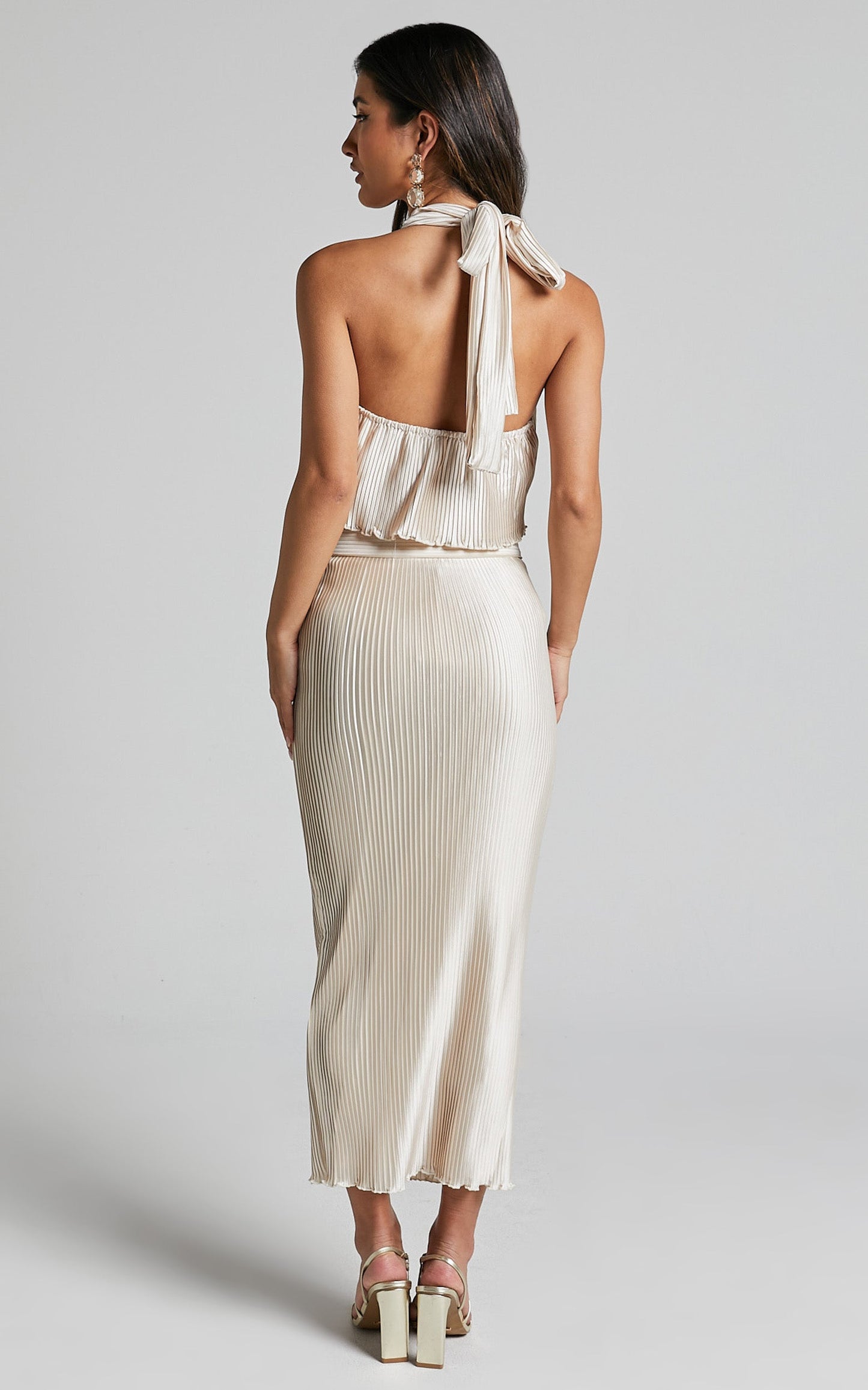 Leone Two Piece Set - Pleated Halter Neck Top and Midi Skirt in Oyster