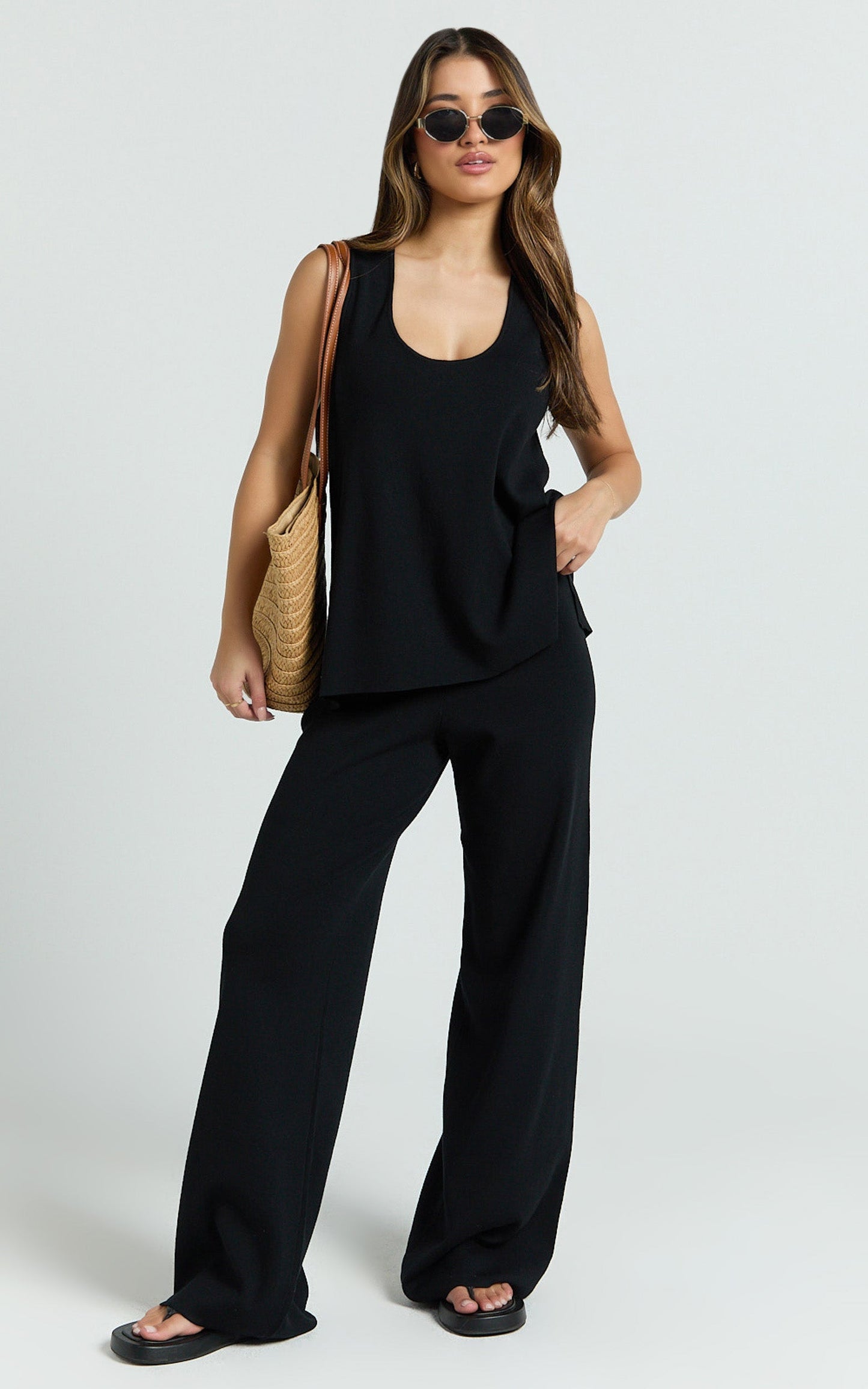 Leonie Two Piece Set -  Knit Shell Top and Pant Set in Black