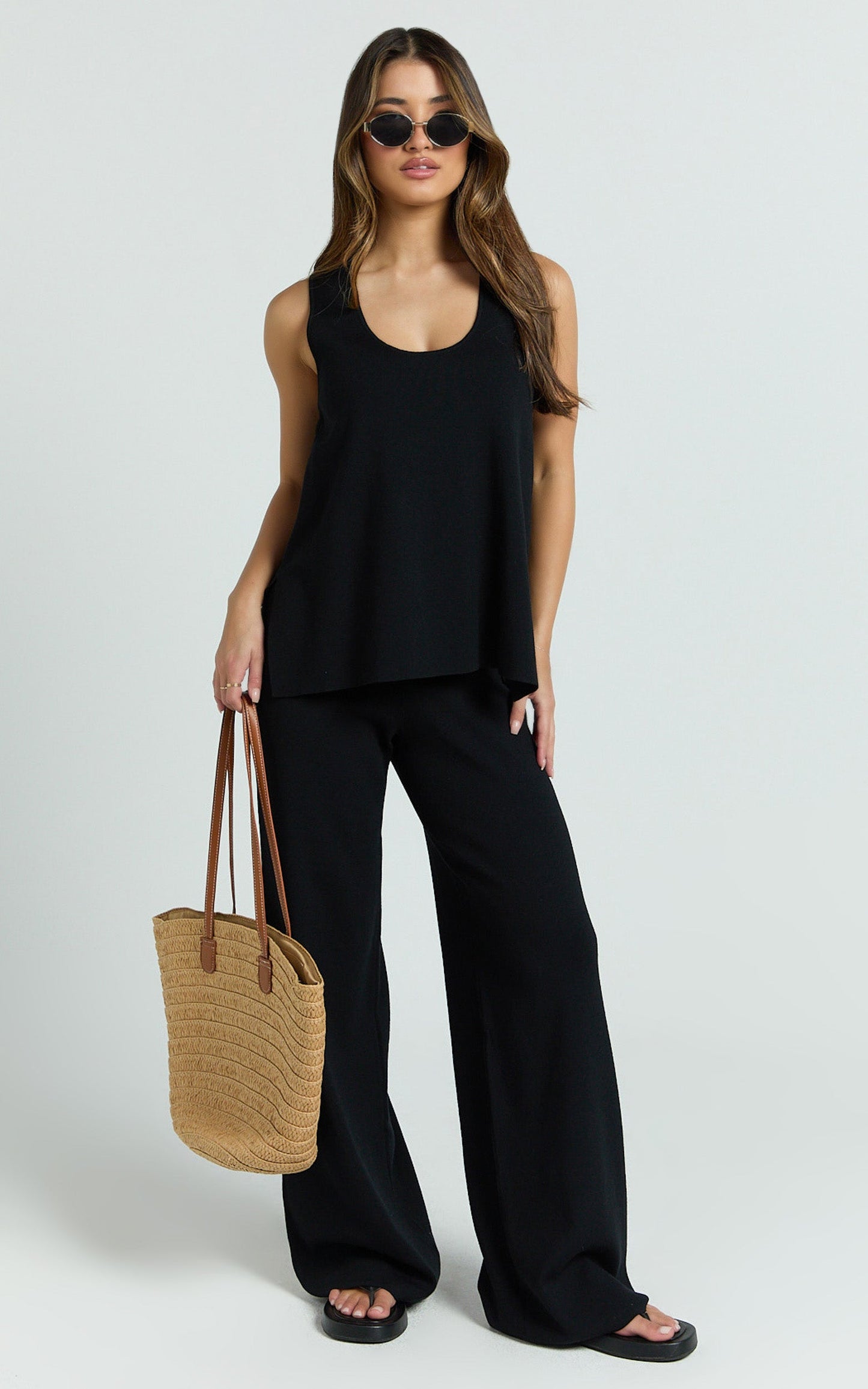 Leonie Two Piece Set -  Knit Shell Top and Pant Set in Black