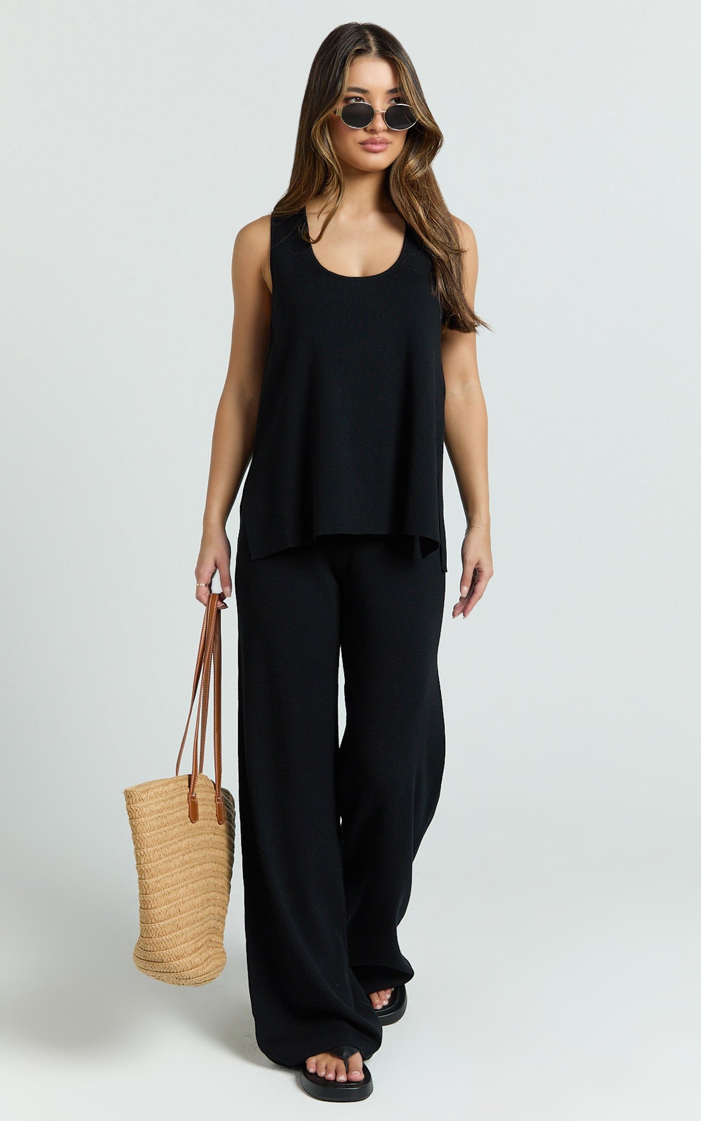 Leonie Two Piece Set -  Knit Shell Top and Pant Set in Black