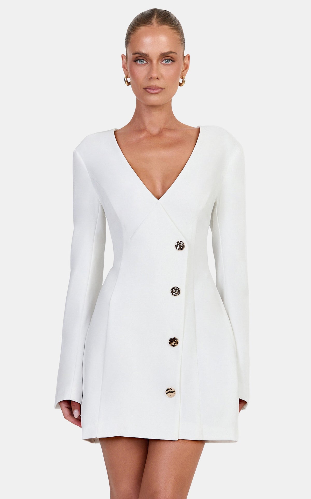 Leontine Mini Dress - Deep V Neck Faux Gold Button Front Dress in White