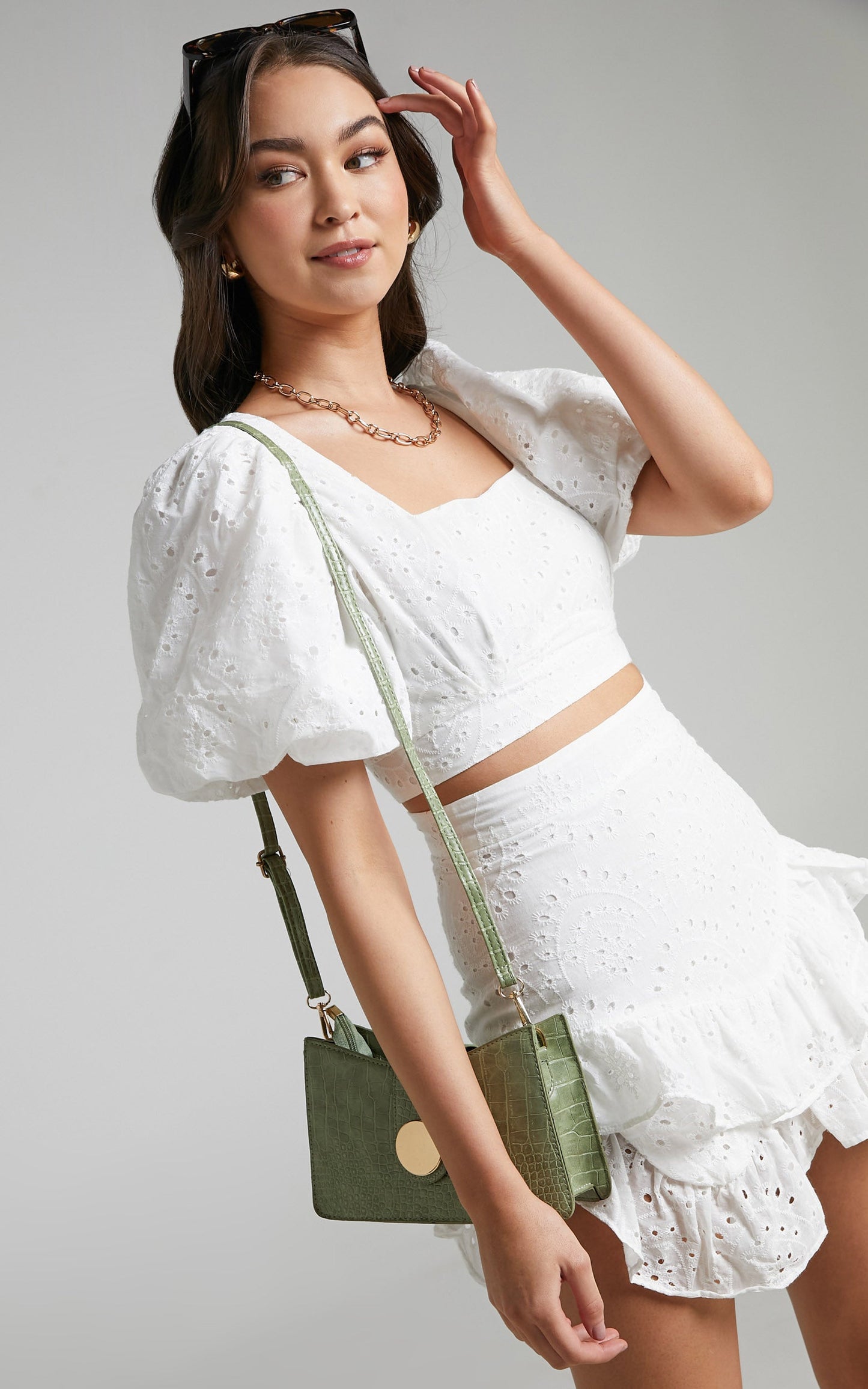 Levieth Puff Sleeve Ruffle Skirt Two Piece Set in White Embroidery Anglaise