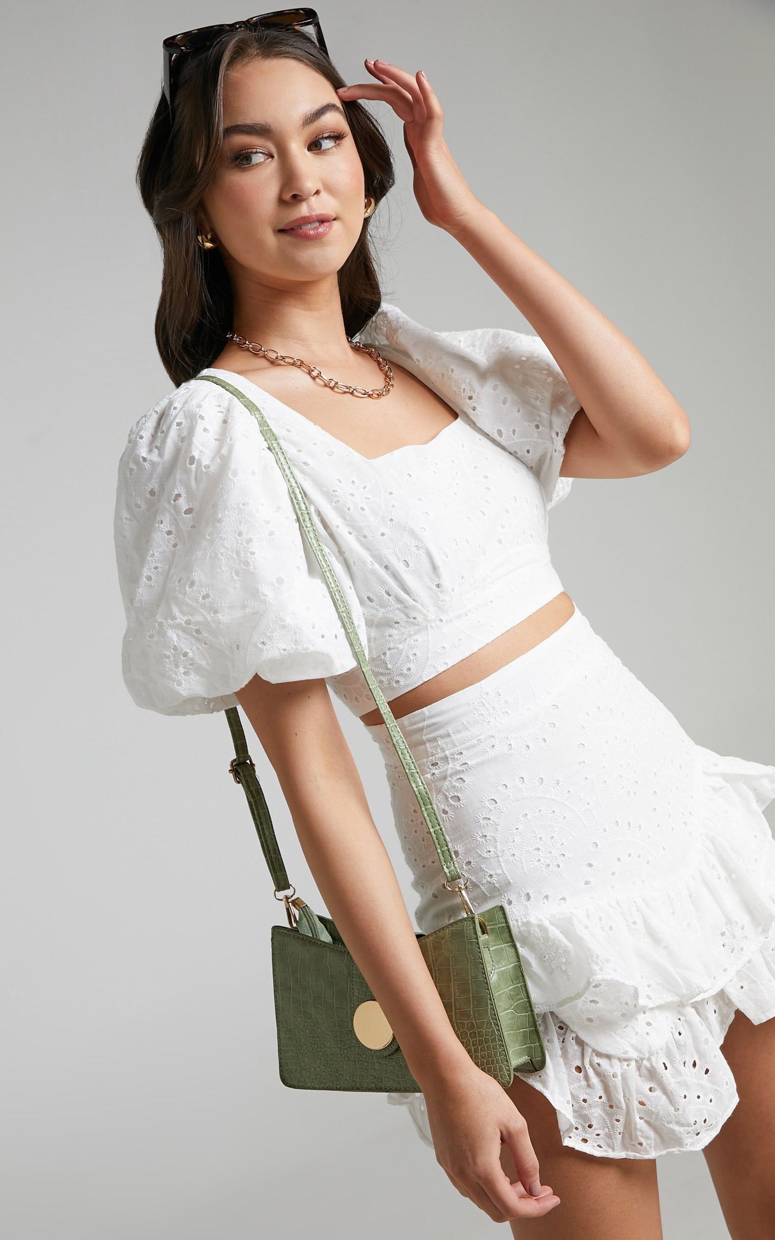 Levieth Puff Sleeve Ruffle Skirt Two Piece Set in White Embroidery Anglaise