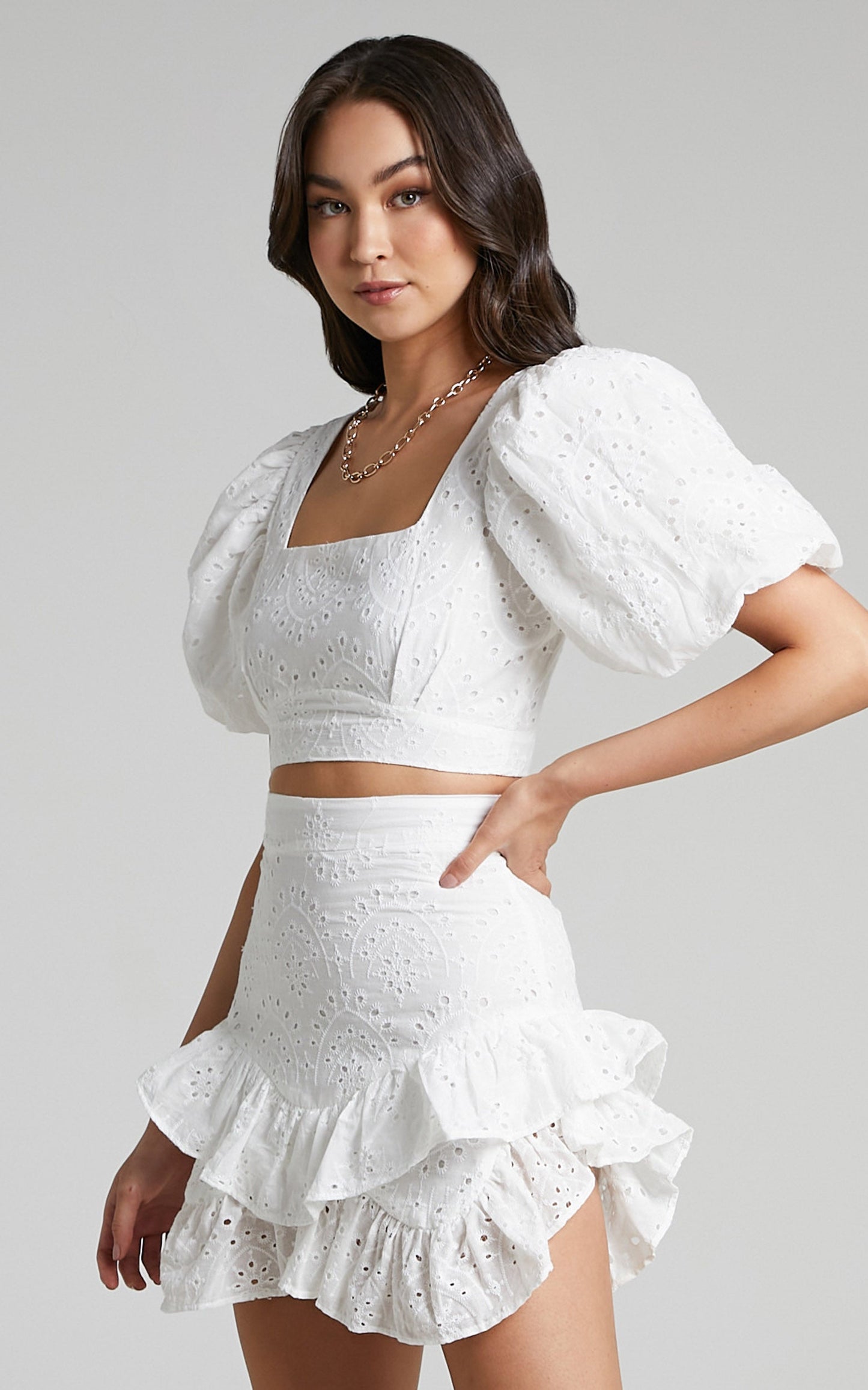Levieth Puff Sleeve Ruffle Skirt Two Piece Set in White Embroidery Anglaise