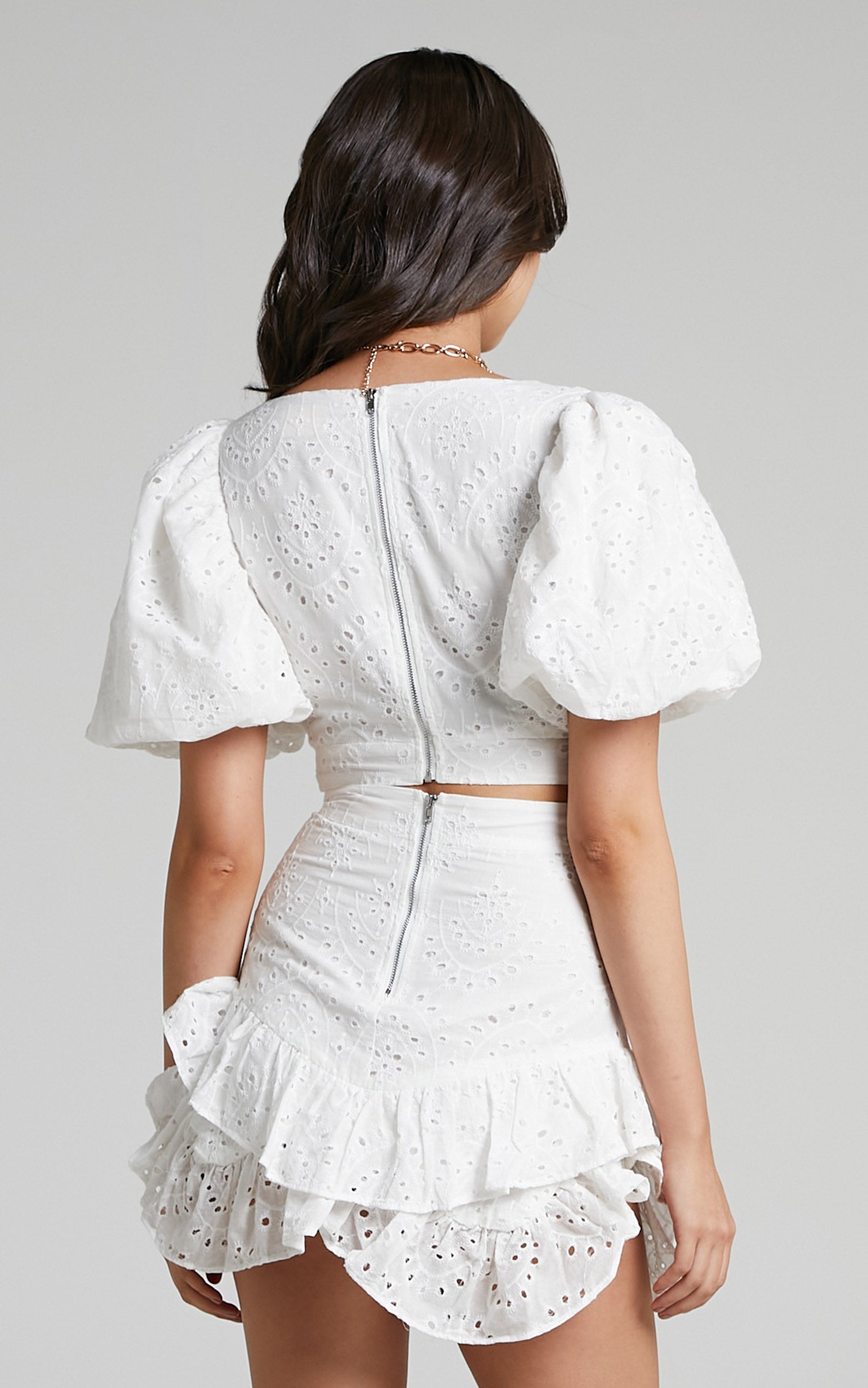 Levieth Puff Sleeve Ruffle Skirt Two Piece Set in White Embroidery Anglaise