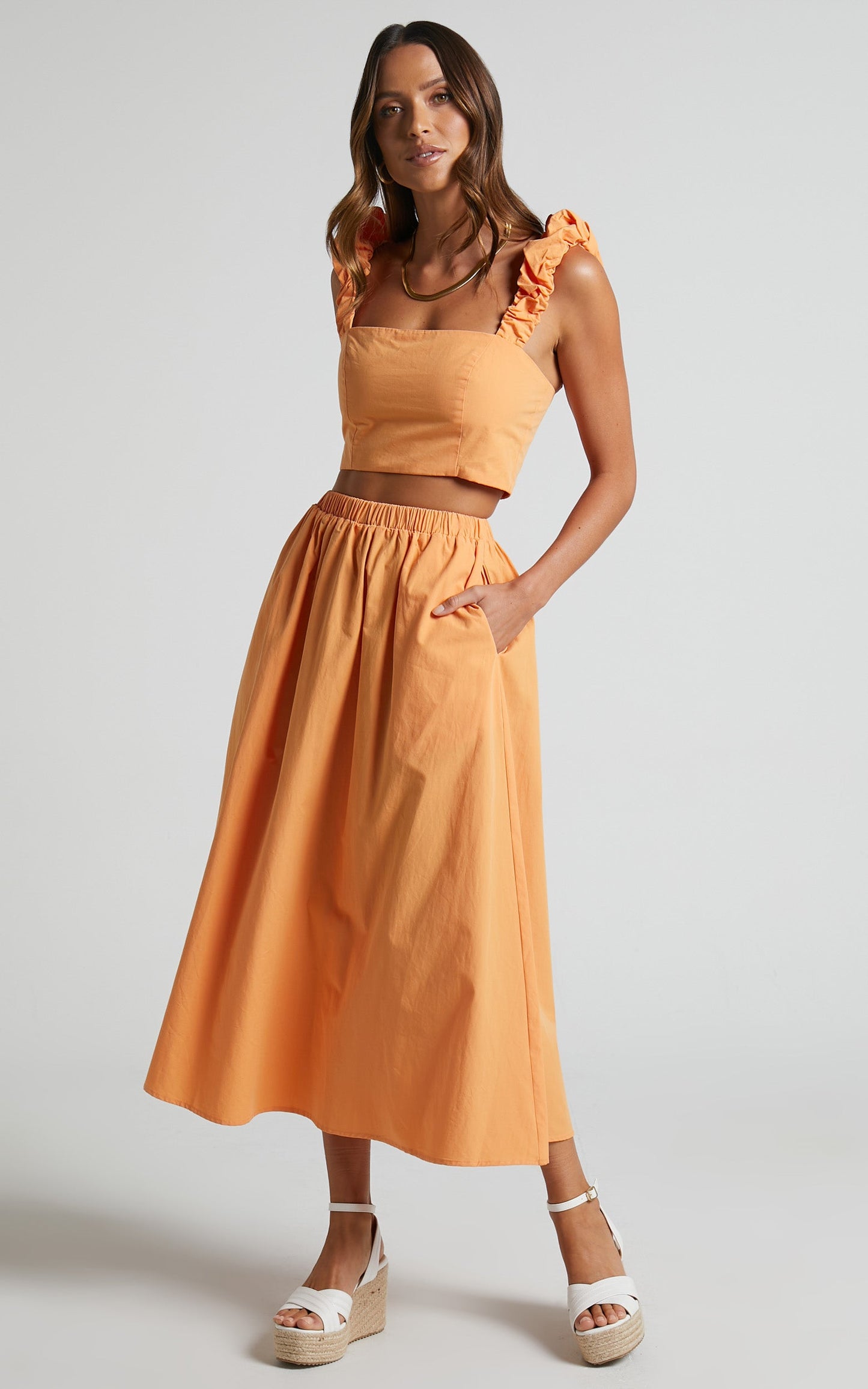 Levona Two Piece Set - Ruched Strap Crop Top and Midi Skirt Set in Orange