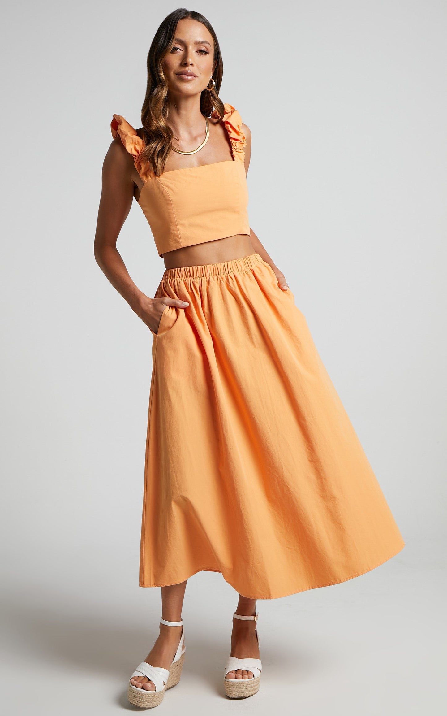Levona Two Piece Set - Ruched Strap Crop Top and Midi Skirt Set in Orange