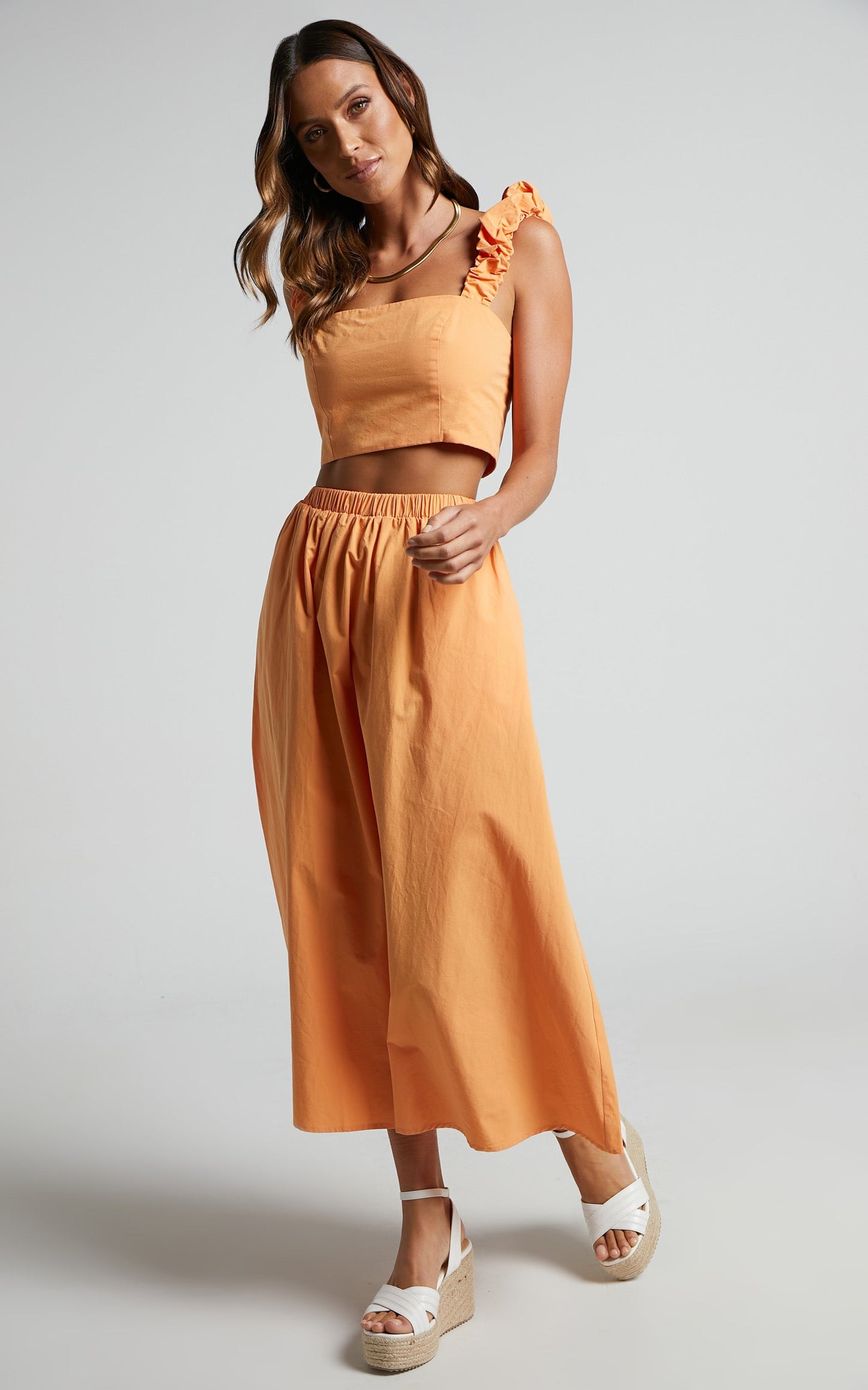 Levona Two Piece Set - Ruched Strap Crop Top and Midi Skirt Set in Orange