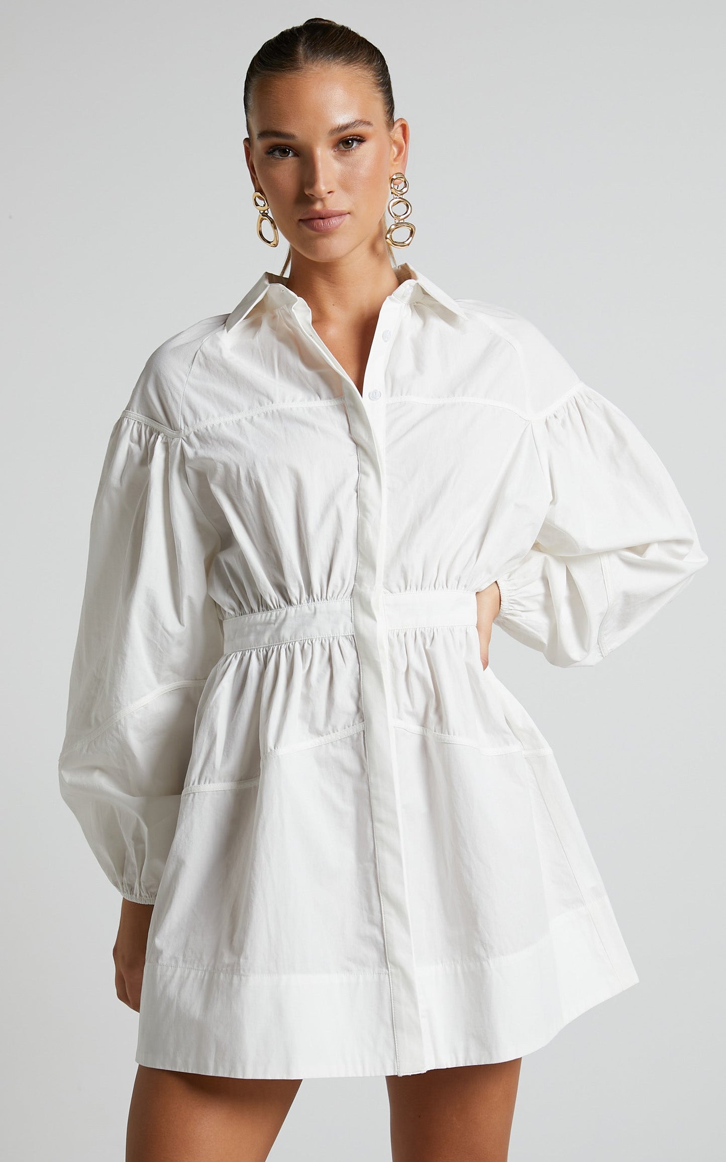 Adanny Mini Dress - Long Puff Sleeve Shirt Dress in White
