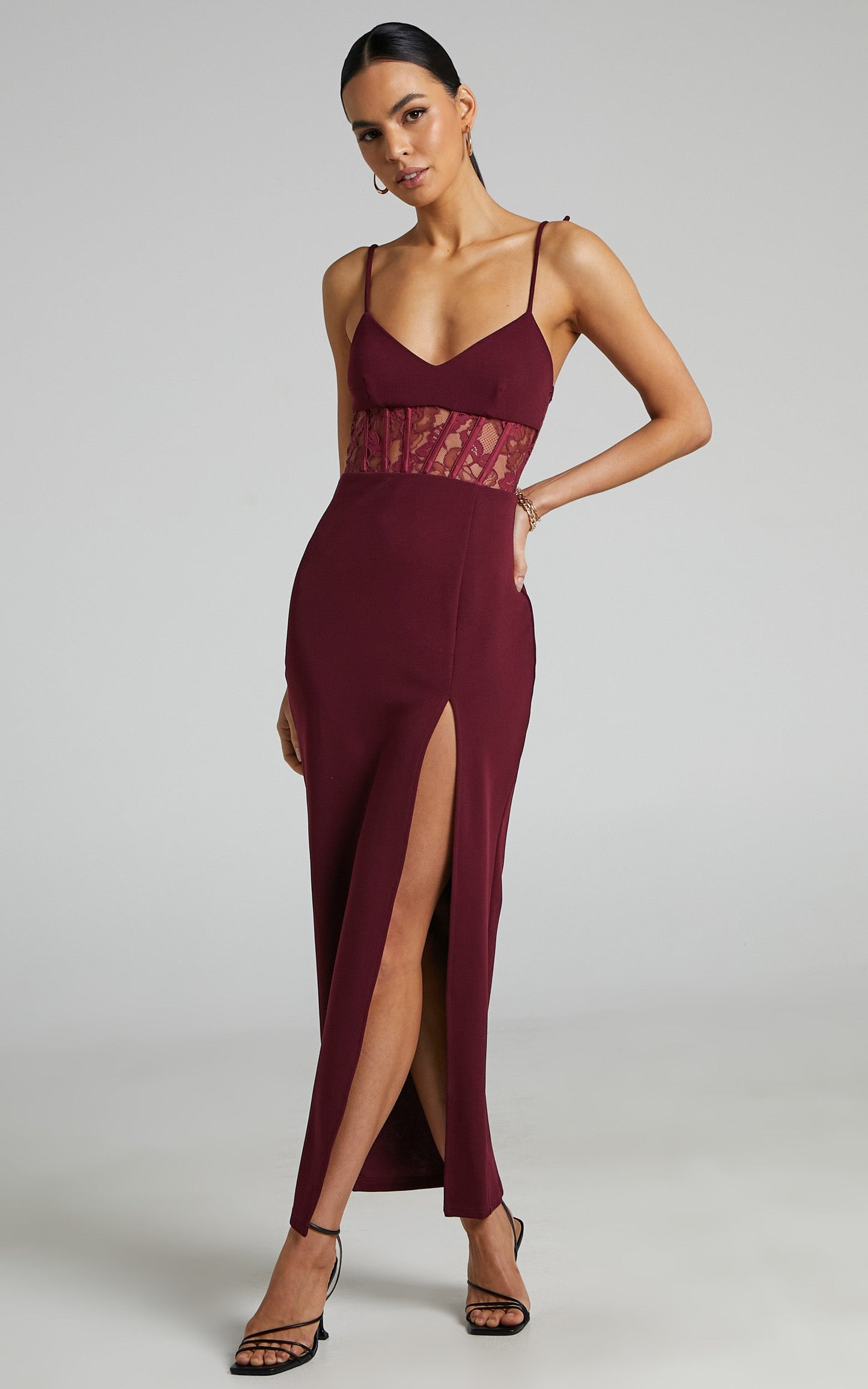 Lezel Maxi Dress - Lace Panel High Split Pencil Dress in Maroon