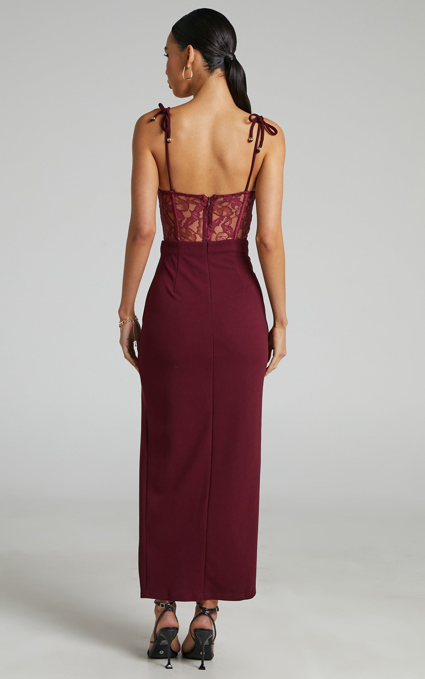 Lezel Maxi Dress - Lace Panel High Split Pencil Dress in Maroon