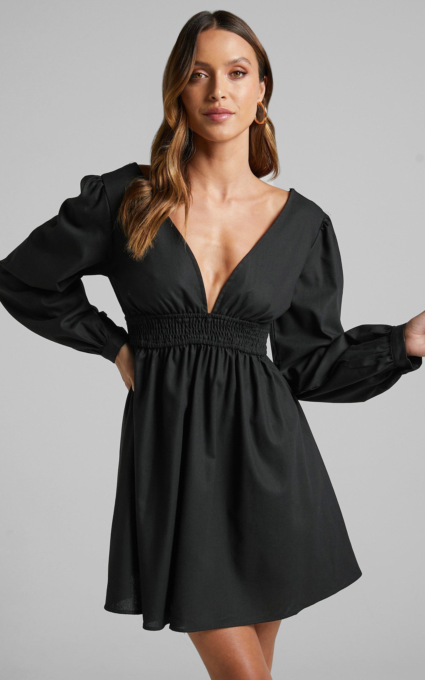 Lheya Mini Dress - Long Sleeve Plunge Neckline A Line Dress in Black