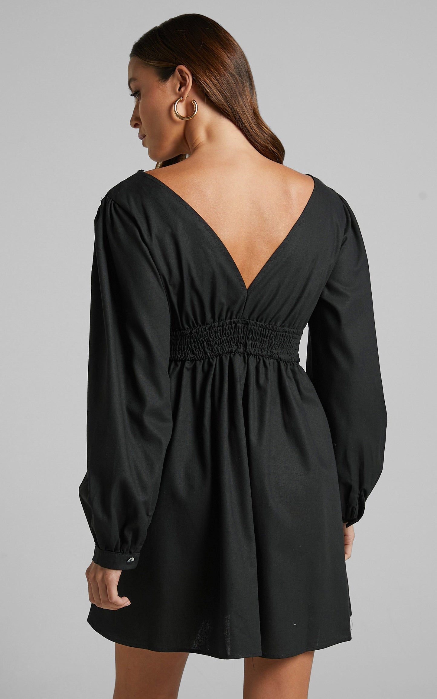 Lheya Mini Dress - Long Sleeve Plunge Neckline A Line Dress in Black
