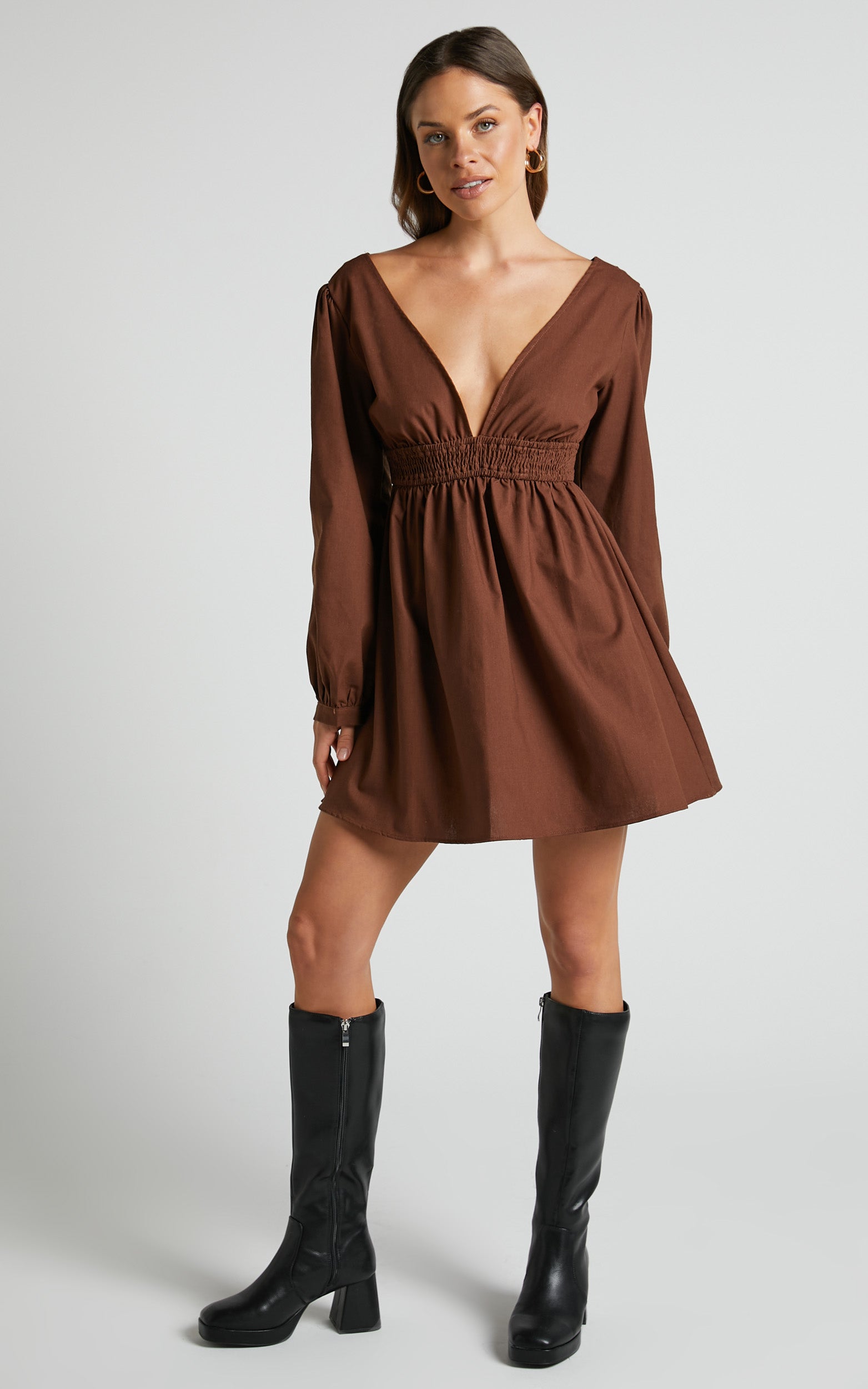 Lheya Mini Dress - Long Sleeve Plunge Neckline A Line Dress in Beige