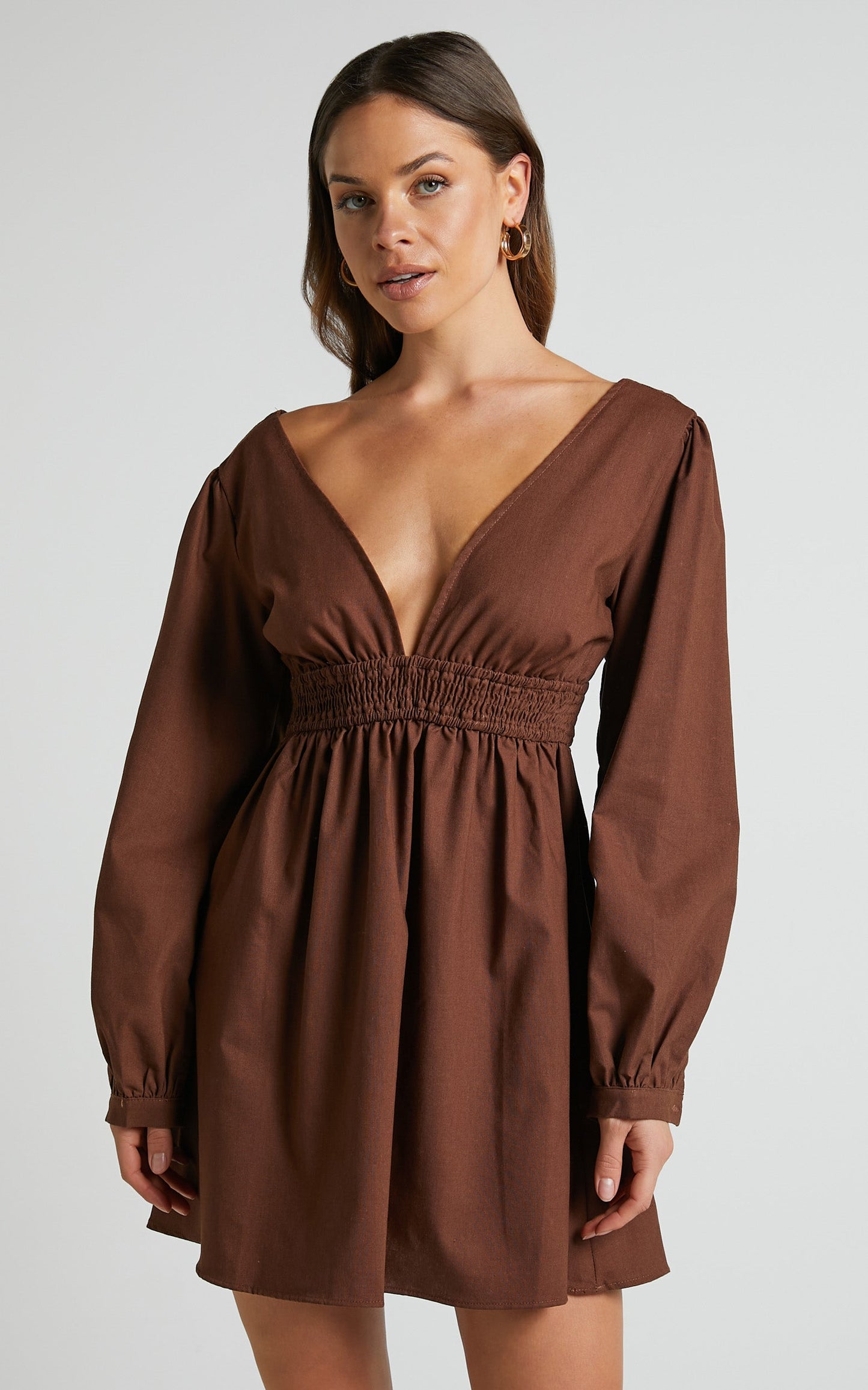 Lheya Mini Dress - Long Sleeve Plunge Neckline A Line Dress in Beige