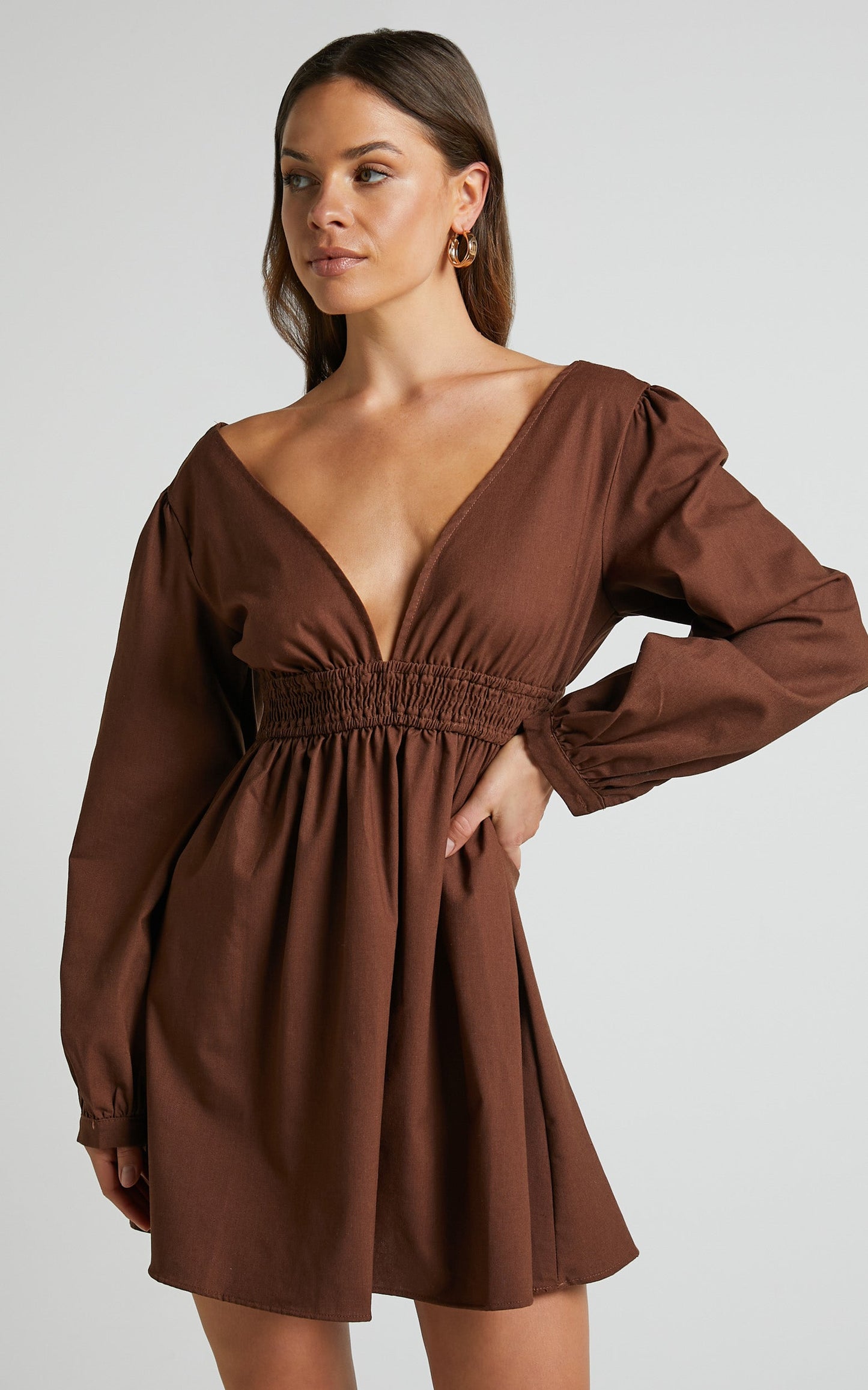 Lheya Mini Dress - Long Sleeve Plunge Neckline A Line Dress in Beige