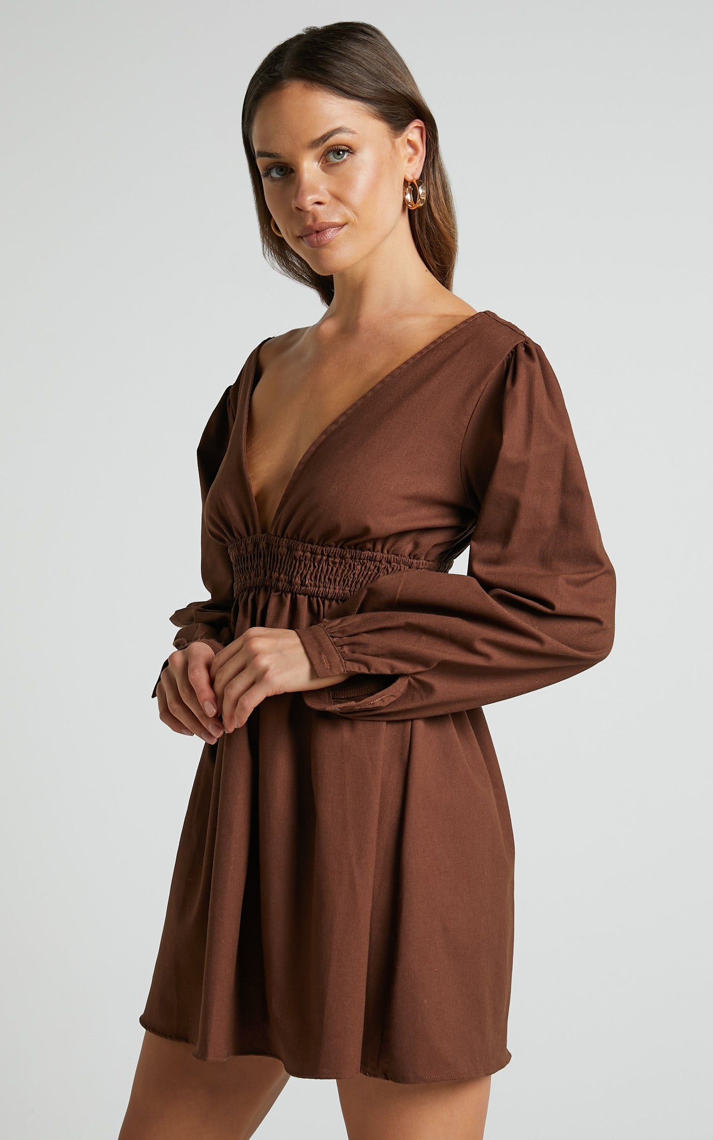 Lheya Mini Dress - Long Sleeve Plunge Neckline A Line Dress in Beige