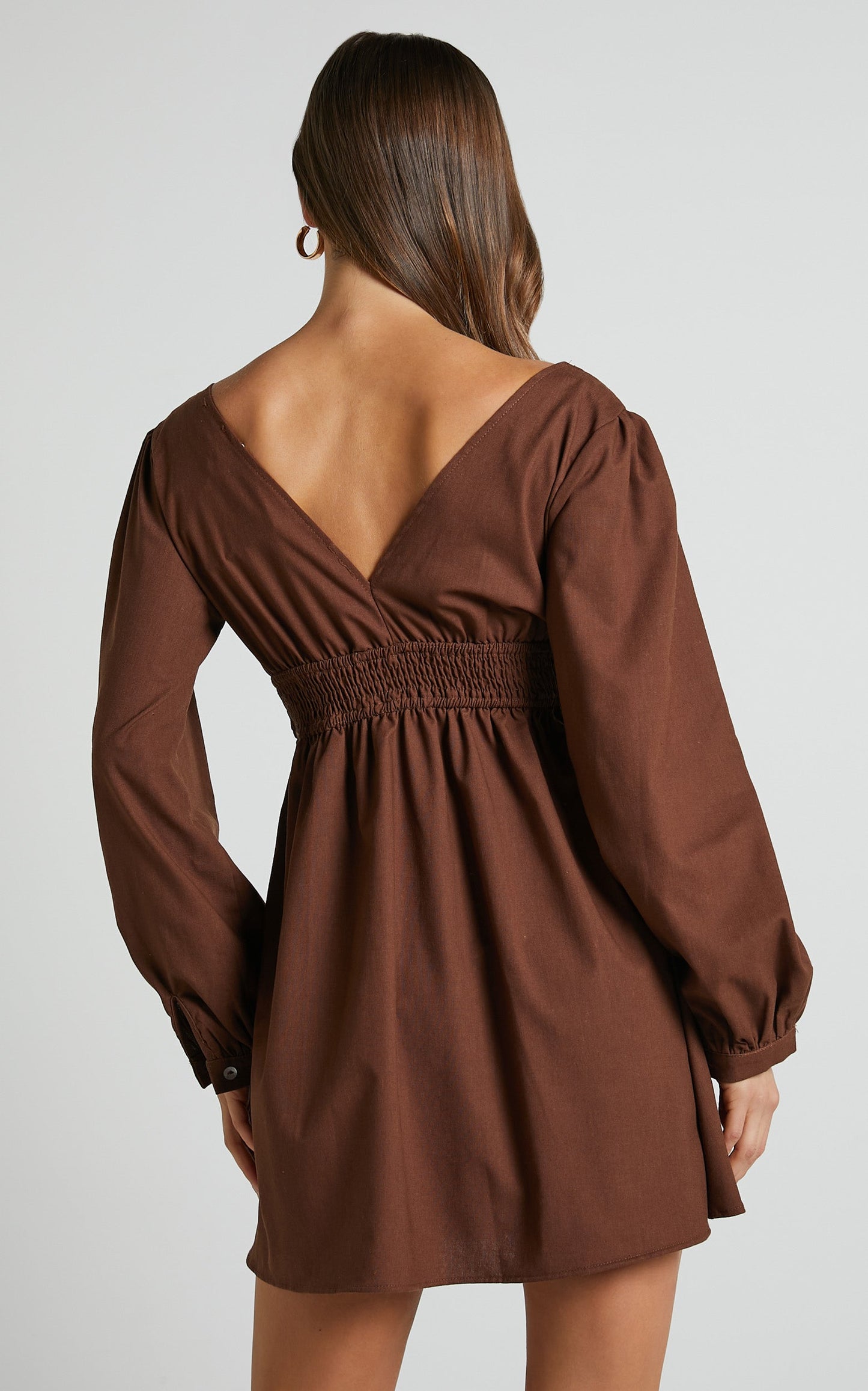 Lheya Mini Dress - Long Sleeve Plunge Neckline A Line Dress in Beige