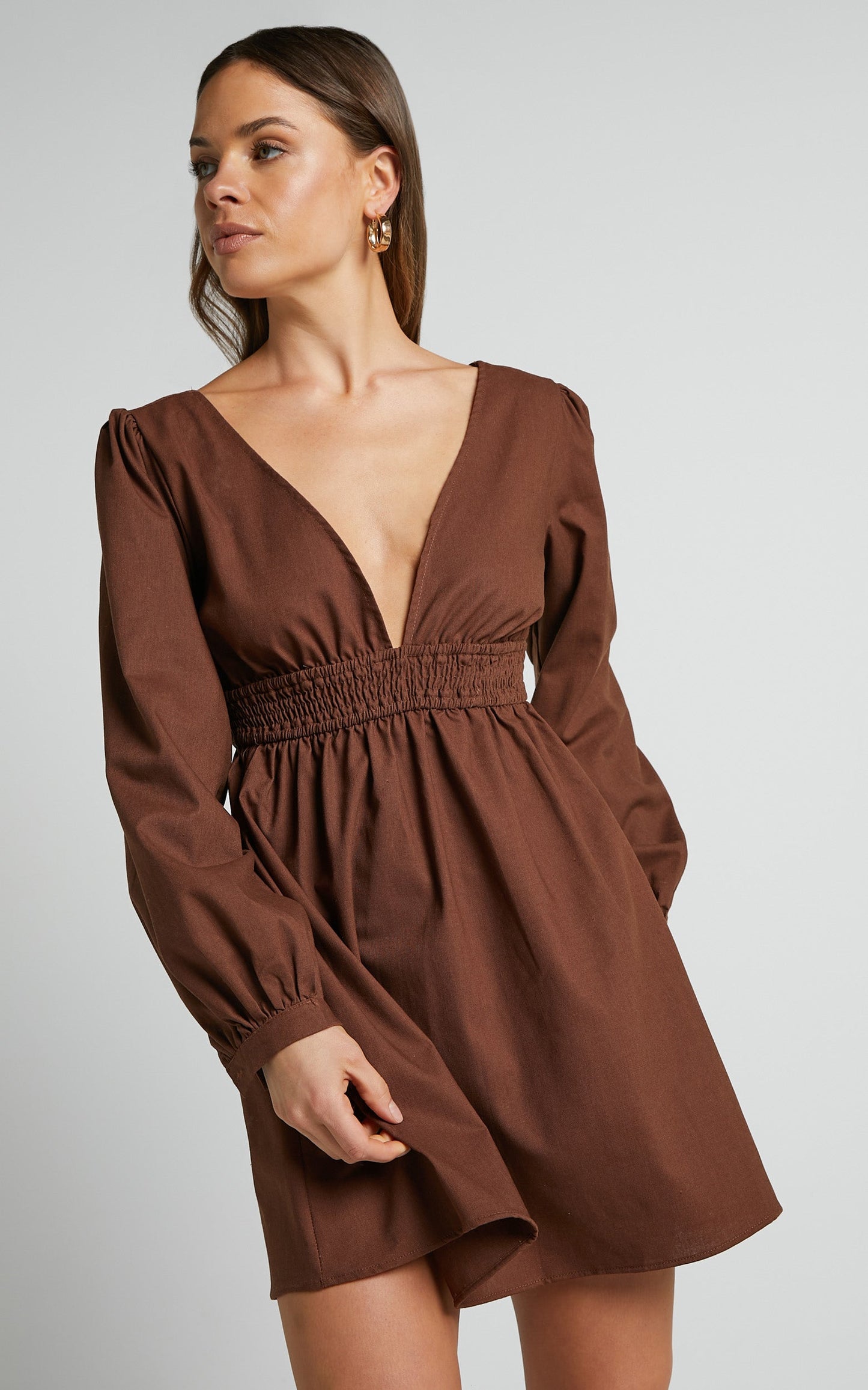 Lheya Mini Dress - Long Sleeve Plunge Neckline A Line Dress in Beige