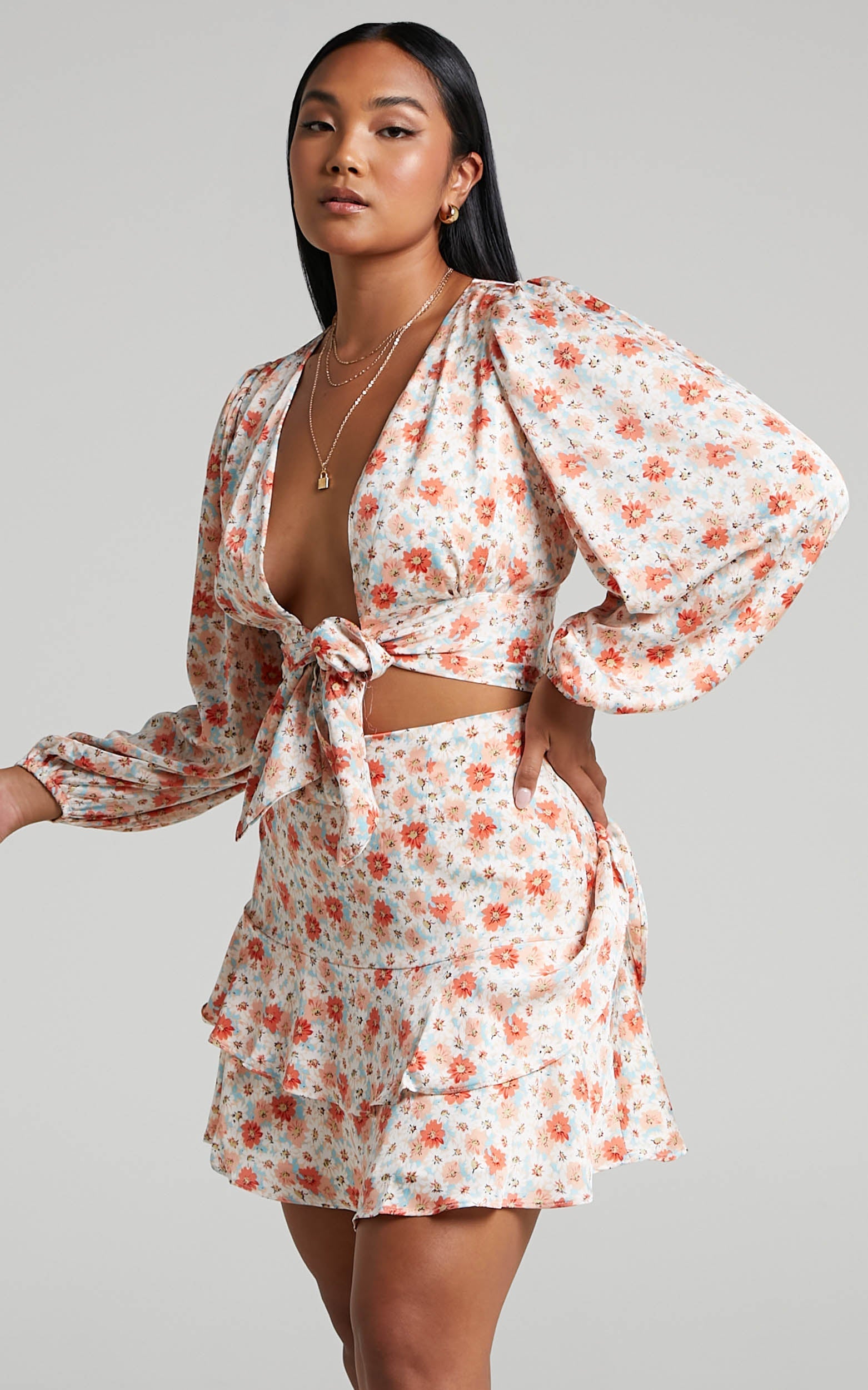 Lhouise Crop Top and Mini Skirt Two Piece Set in Coral