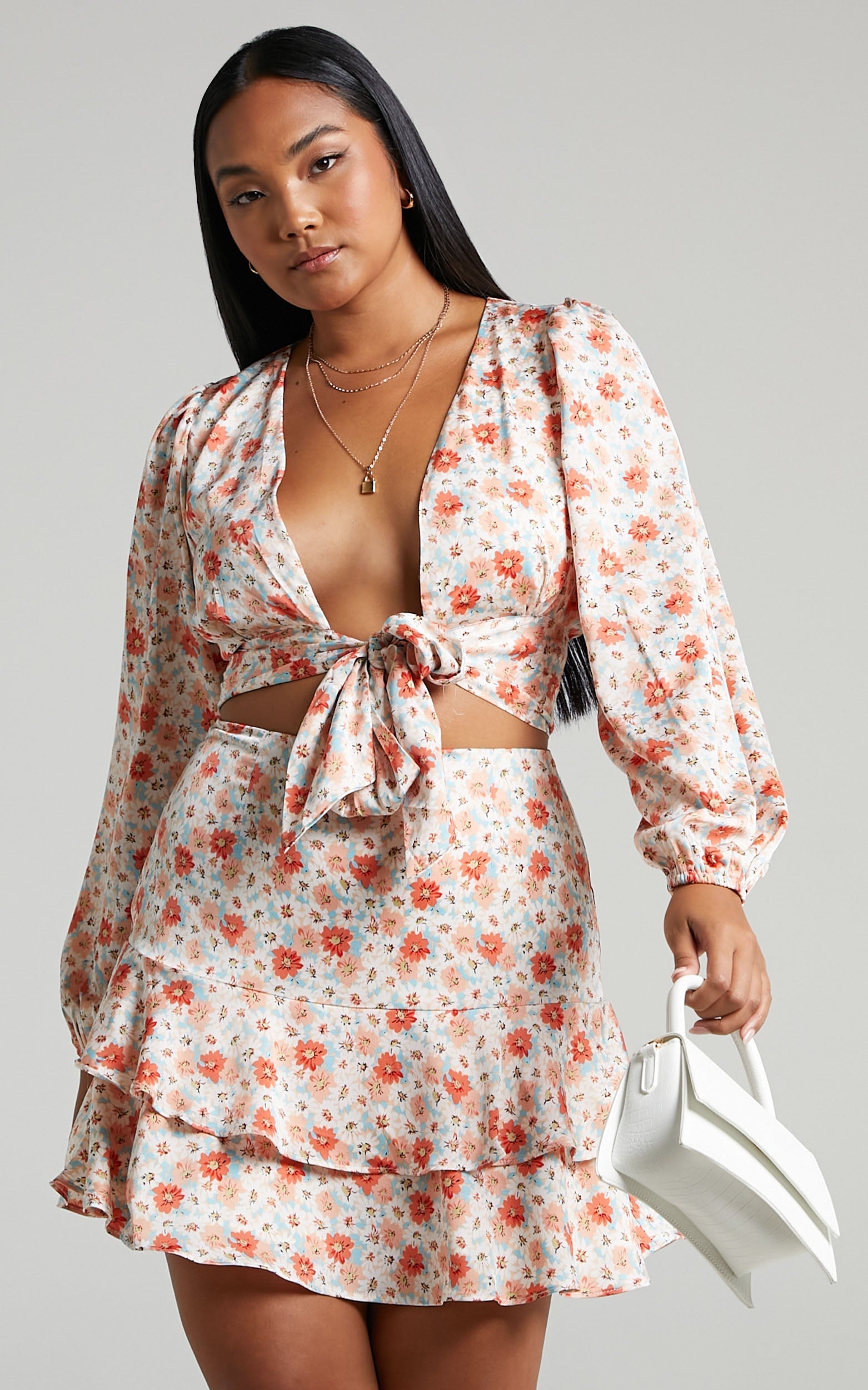 Lhouise Crop Top and Mini Skirt Two Piece Set in Coral