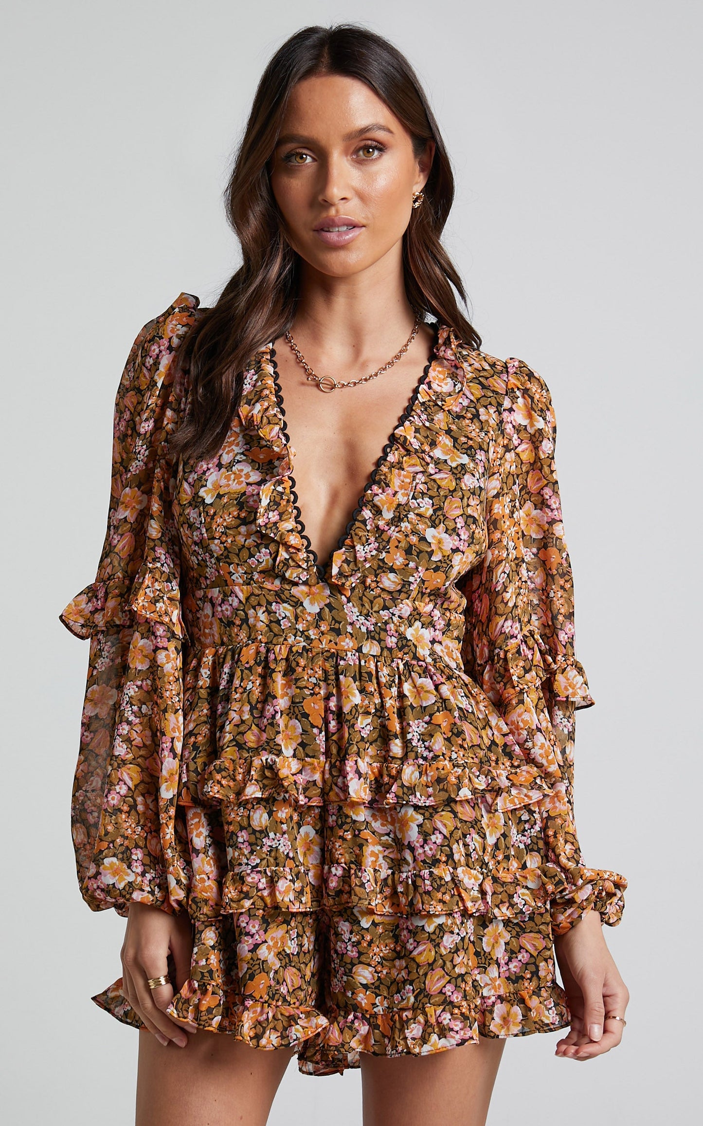Liadi Playsuit - Longsleeve Plunge Playsuit in Black Floral