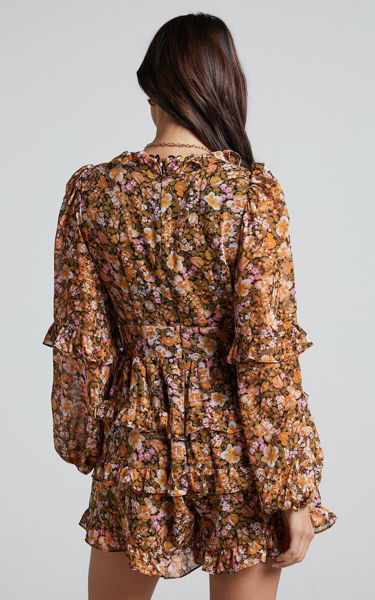 Liadi Playsuit - Longsleeve Plunge Playsuit in Black Floral