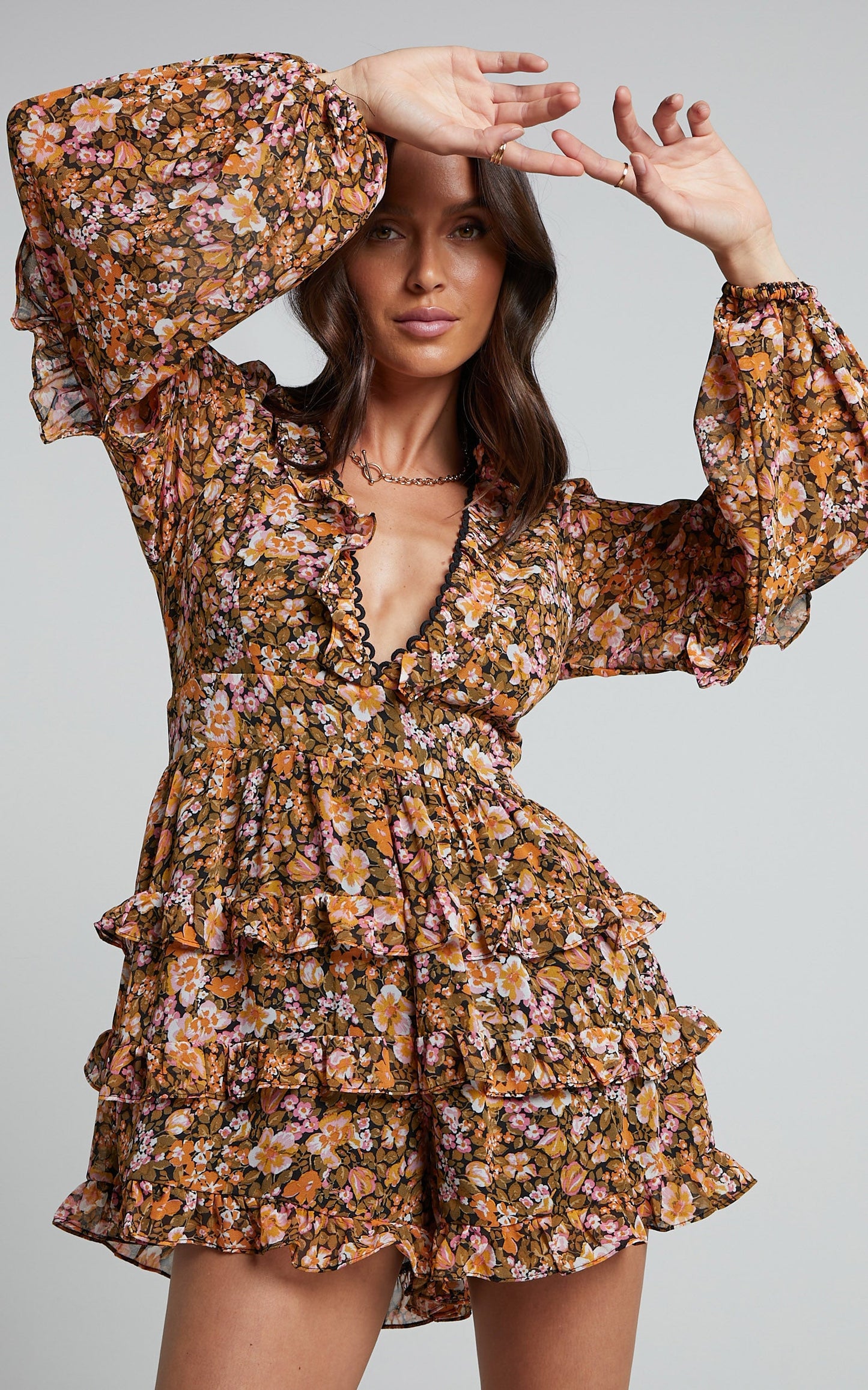 Liadi Playsuit - Longsleeve Plunge Playsuit in Black Floral