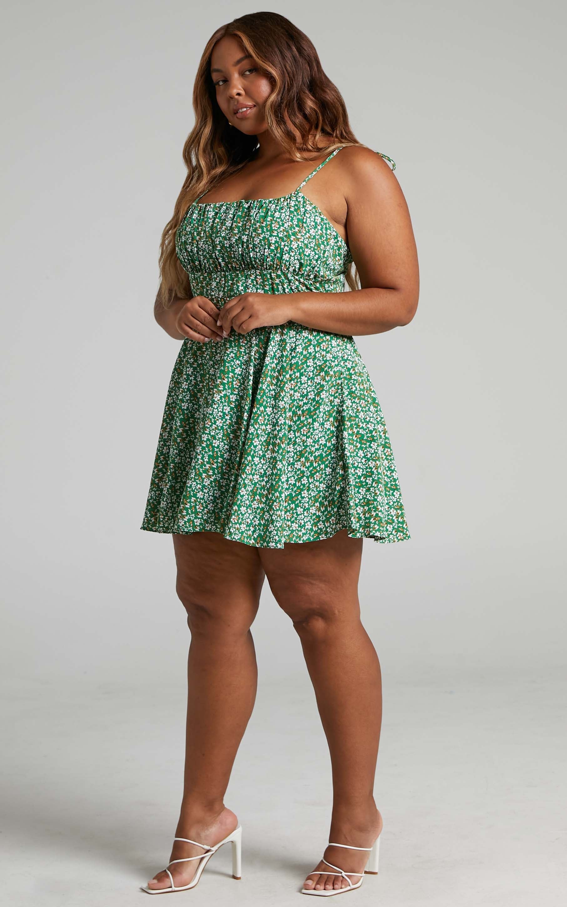 Liahna Mini Dress - Ruched Bust Tie Shoulder A-Line Dress in Green Floral