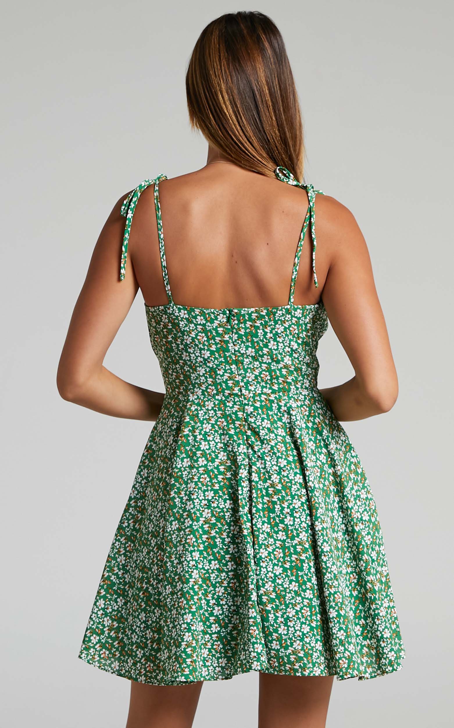 Liahna Mini Dress - Ruched Bust Tie Shoulder A-Line Dress in Green Floral
