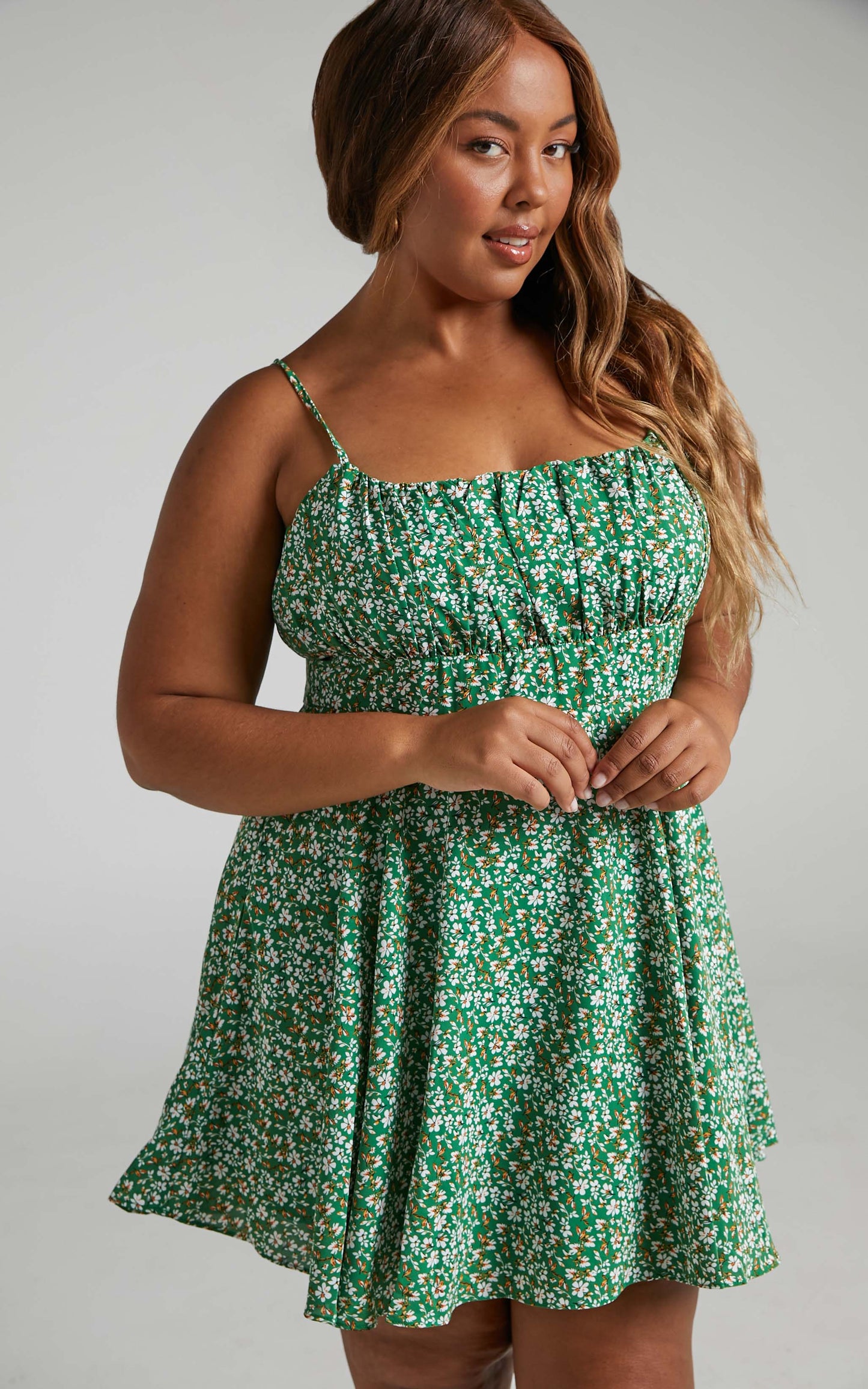 Liahna Mini Dress - Ruched Bust Tie Shoulder A-Line Dress in Green Floral