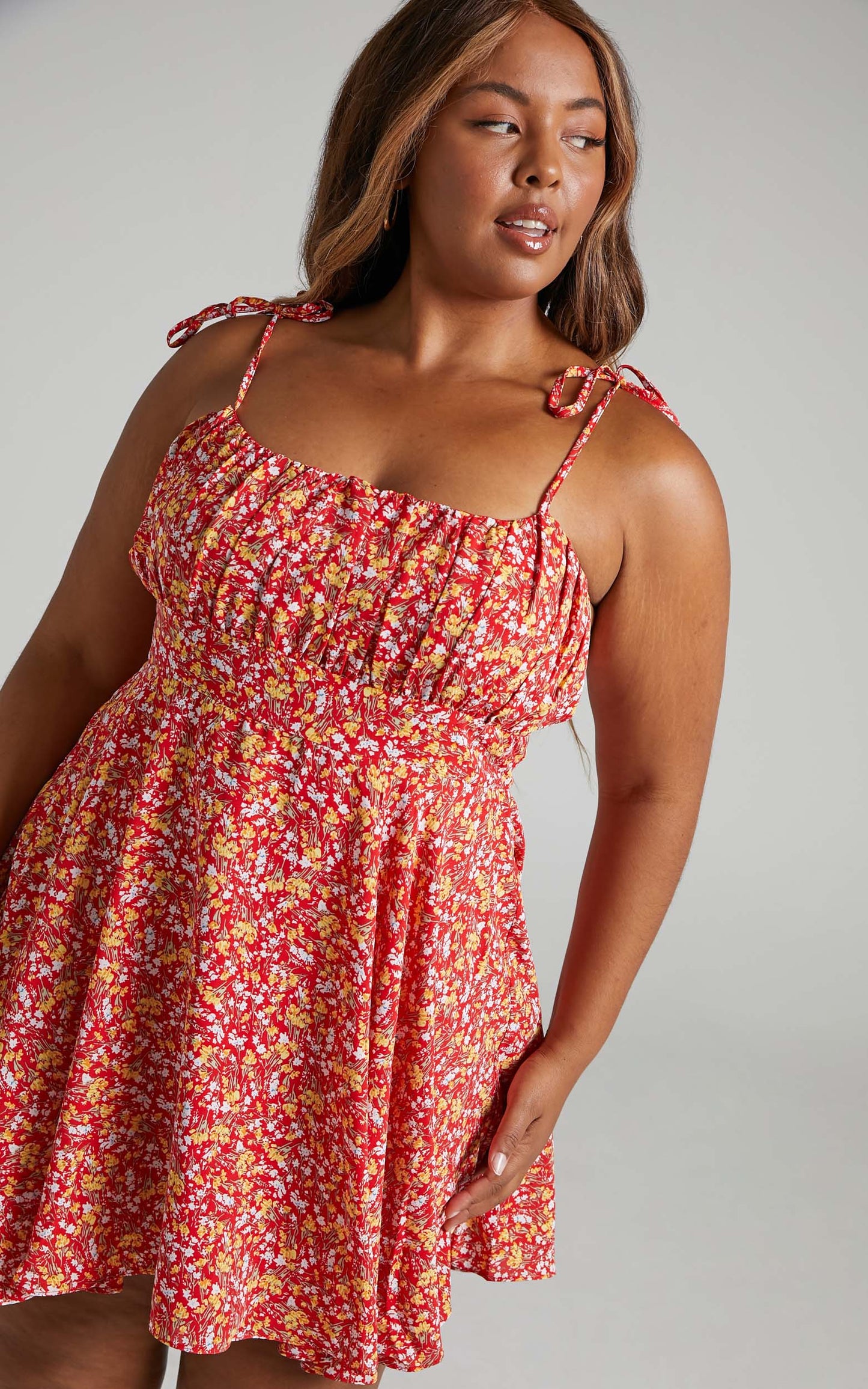 Liahna Mini Dress - Ruched Bust Tie Shoulder A-Line Dress in Red Floral