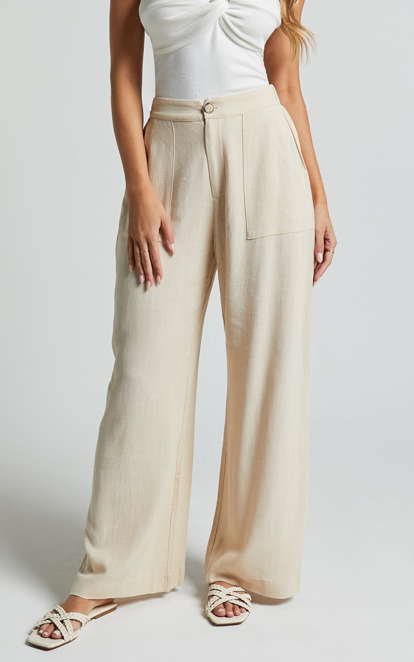 Lian Pants - Linen High Waisted Pocket Detail Pants in Cream