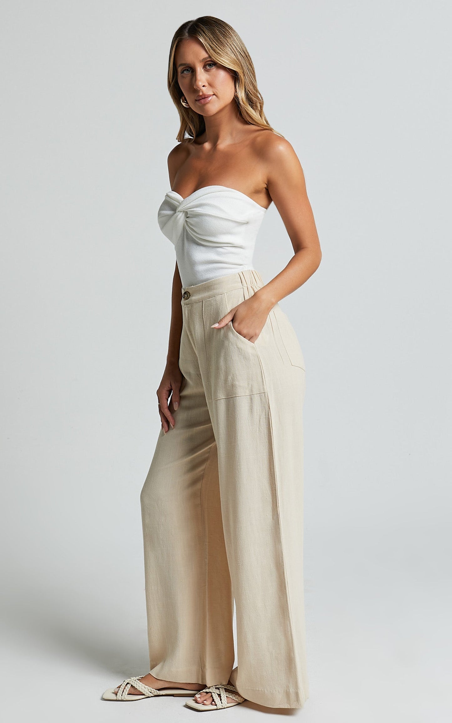 Lian Pants - Linen High Waisted Pocket Detail Pants in Cream