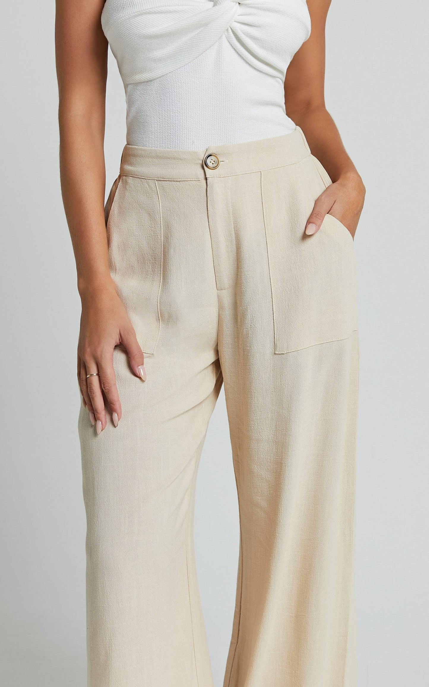 Lian Pants - Linen High Waisted Pocket Detail Pants in Cream