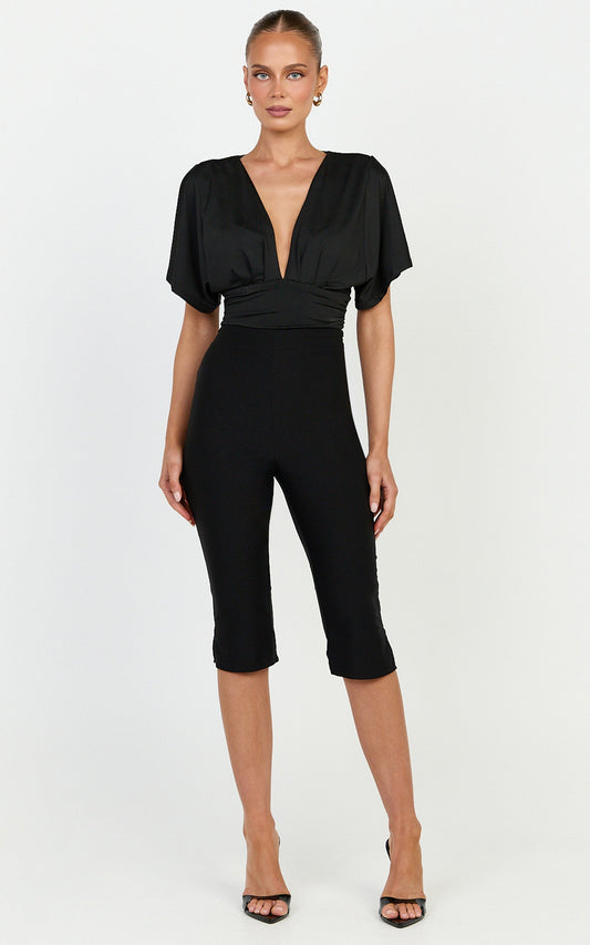 Liana Bodysuit - Plunge Neck Wide Sleeve Bodysuit in Black